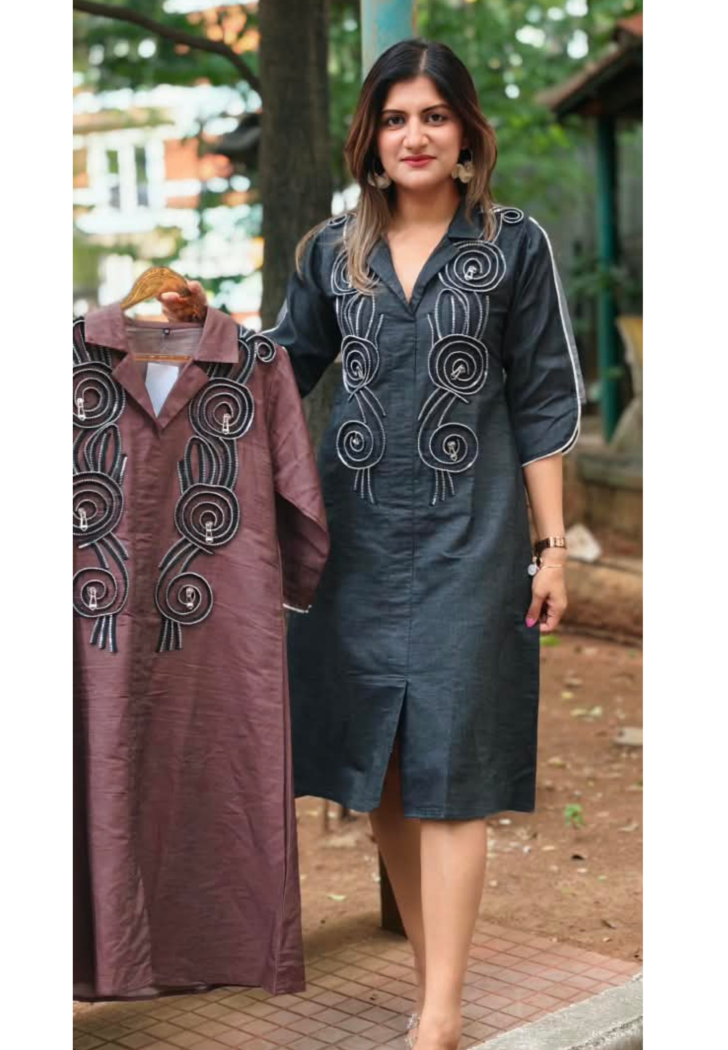 Dark Shade Longline Denim Shirt Dress with Statement Spiral Zipper Embellishments and Metallic Accents- 16112