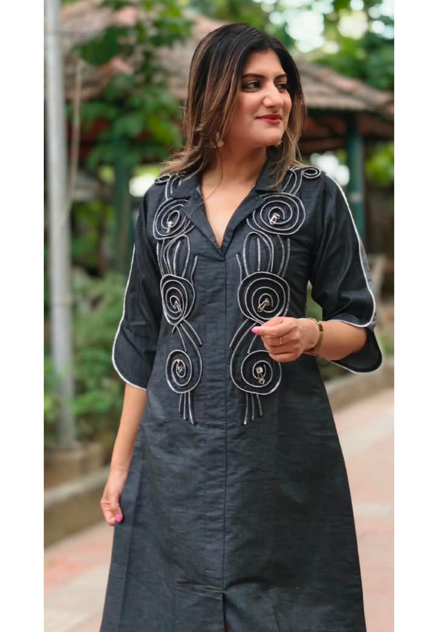 Dark Shade Longline Denim Shirt Dress with Statement Spiral Zipper Embellishments and Metallic Accents- 16112