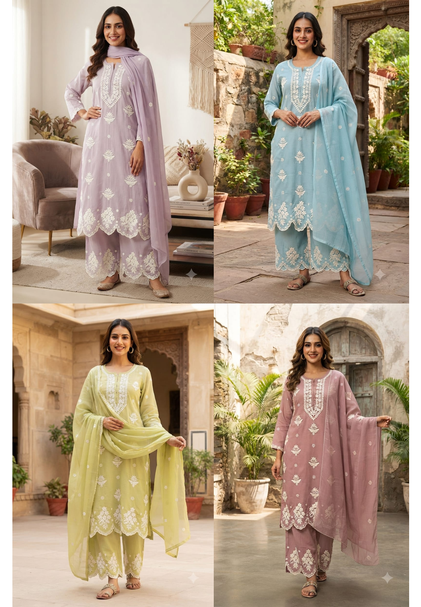 Chikankari Thread Embroidered Pastel Shades Full Suit Set With Dupatta In Muslin Fabric- 16091