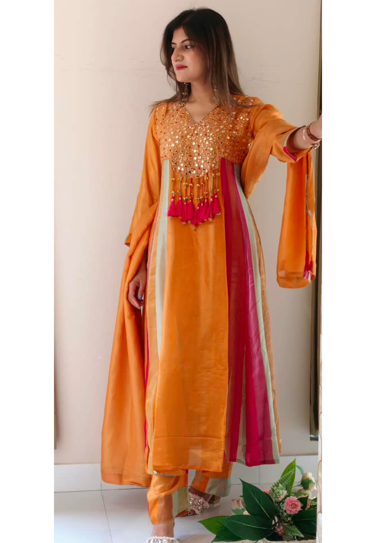 Orange Tissue Mirror Work Panel Anarkali Full Suit Set with Ghungroo Tassel Yoke Detailing & Striped Side Panels- 16231