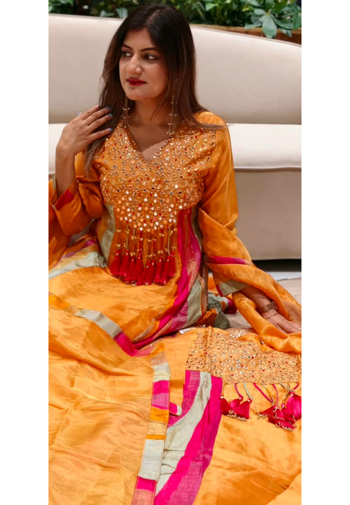 Orange Tissue Mirror Work Panel Anarkali Full Suit Set with Ghungroo Tassel Yoke Detailing & Striped Side Panels- 16231
