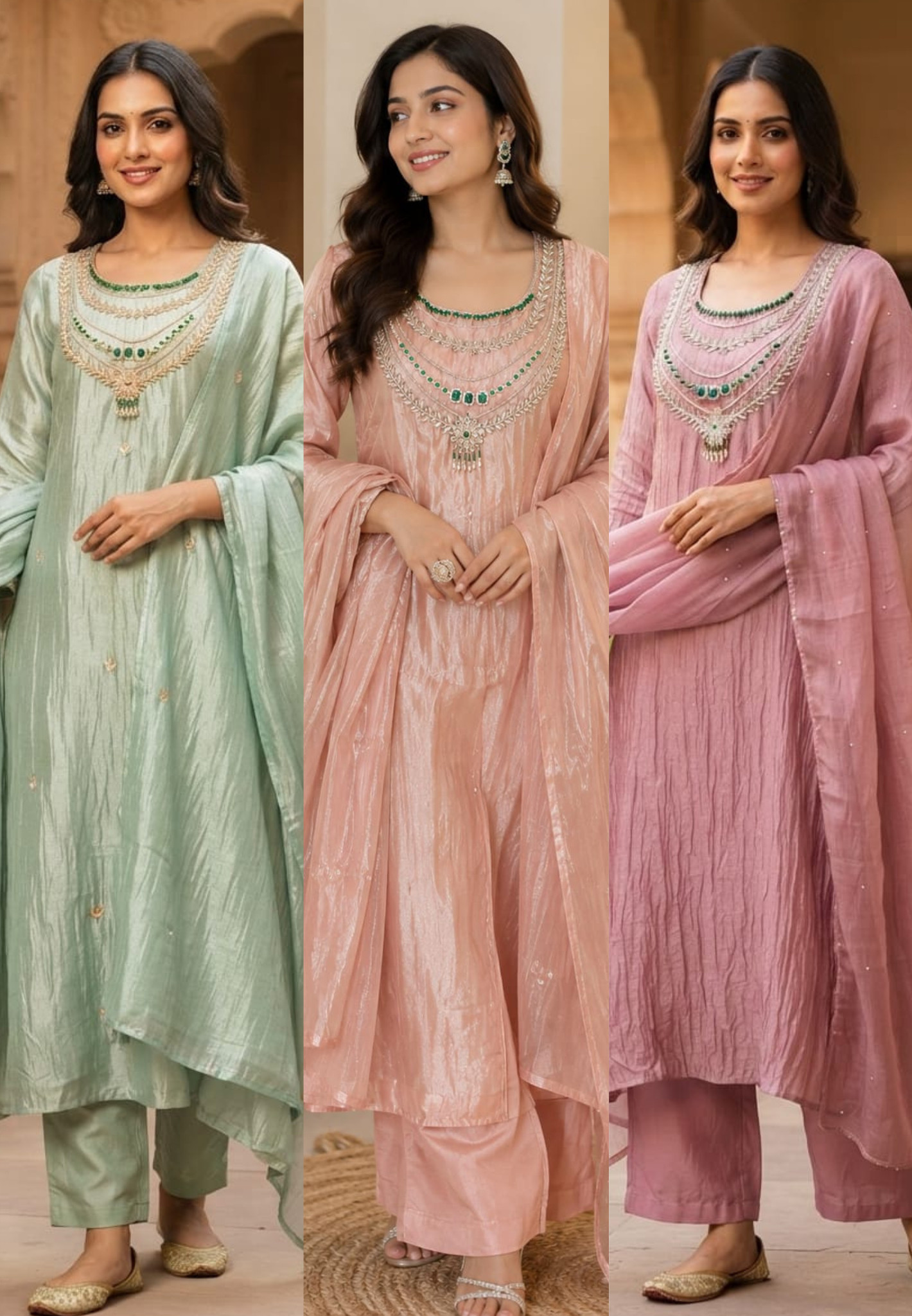 Premium Jewel Stone Zardosi Embroidery Over Yoke A-Line Crush Tissue Full Suit Set With Dupatta- 16236