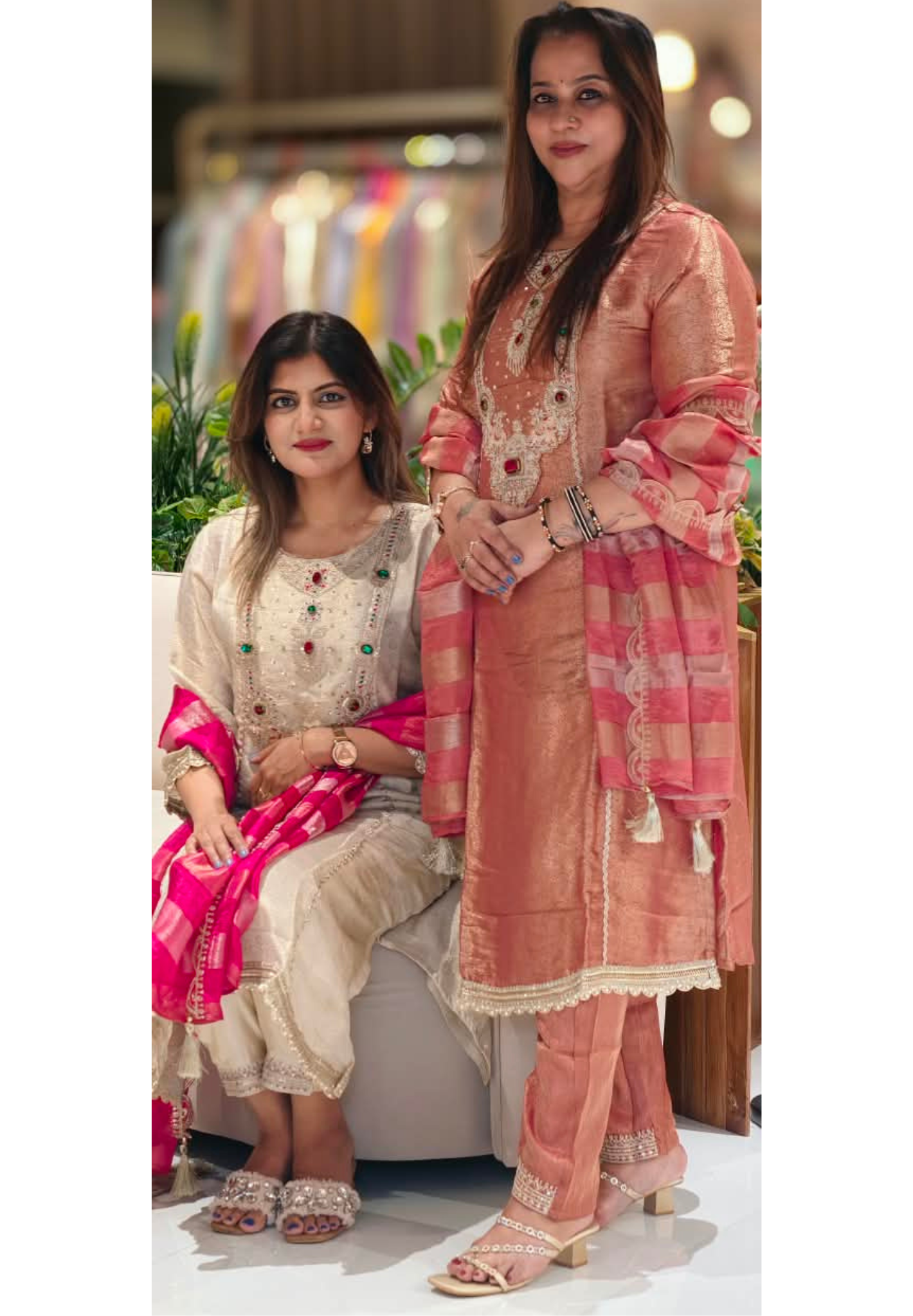 Pure Banarsi Brocade Jewel Stone Golden Panels A-Line Full Suit Set With Dupatta- 16234