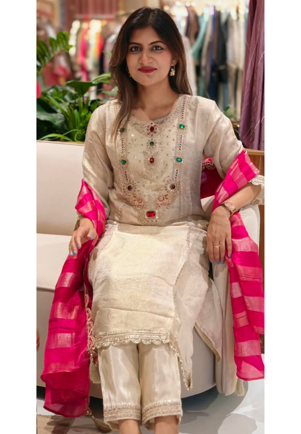 Pure Banarsi Brocade Jewel Stone Golden Panels A-Line Full Suit Set With Dupatta- 16234