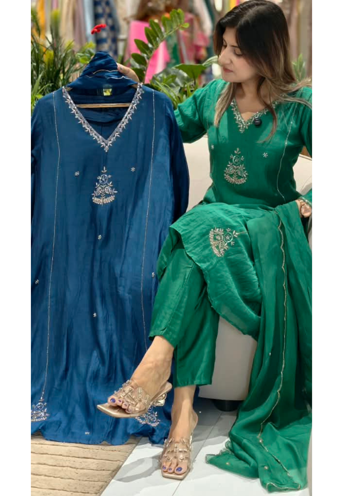 Elegant Embroidery Banarasi Mul-Chanderi Solid Shade A-Line Full Suit Set With Dupatta- 16222