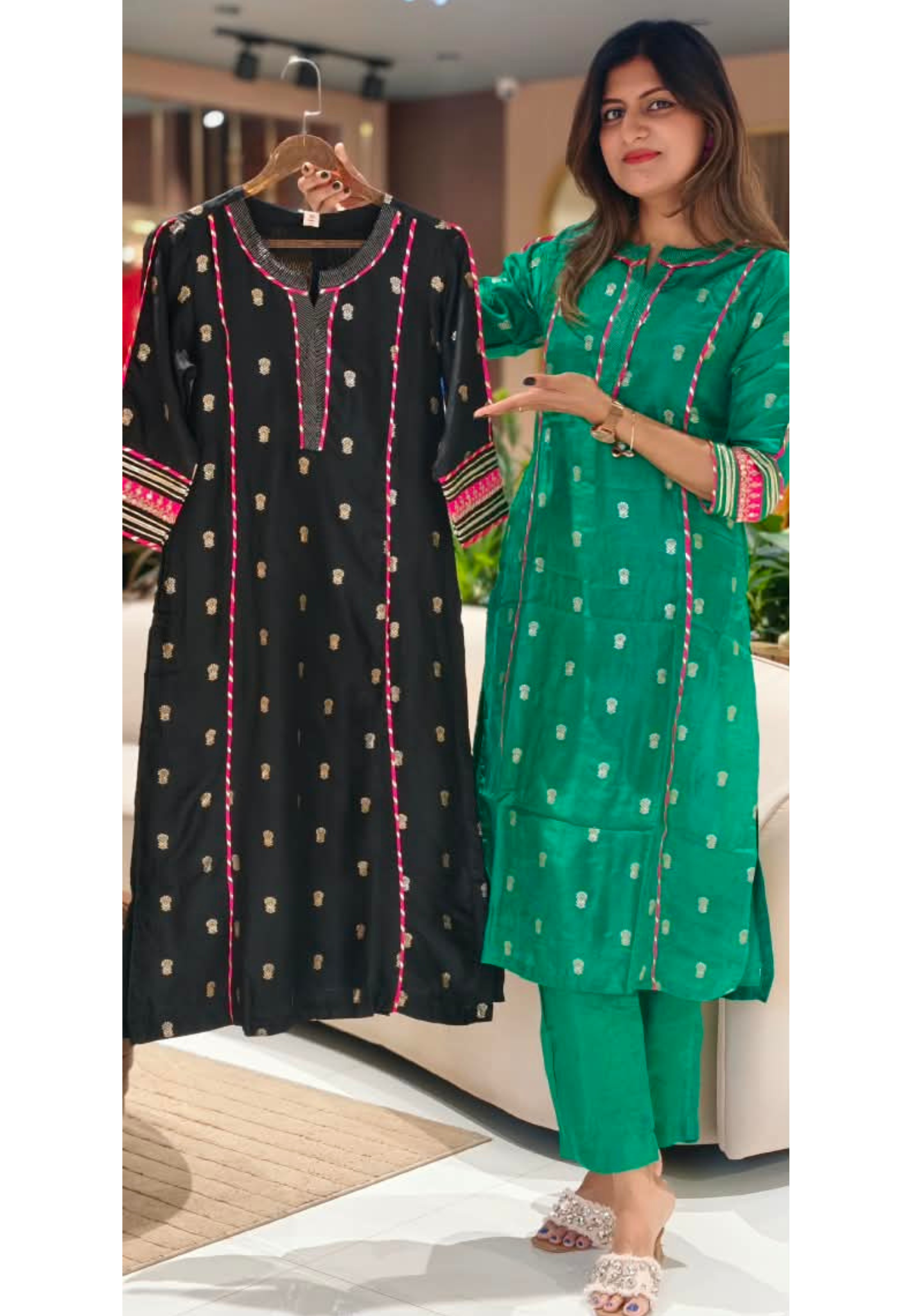 Traditional Silk Ethinc Kurta Pant Set With Pink & Golden Highlighted Pipings- 15535