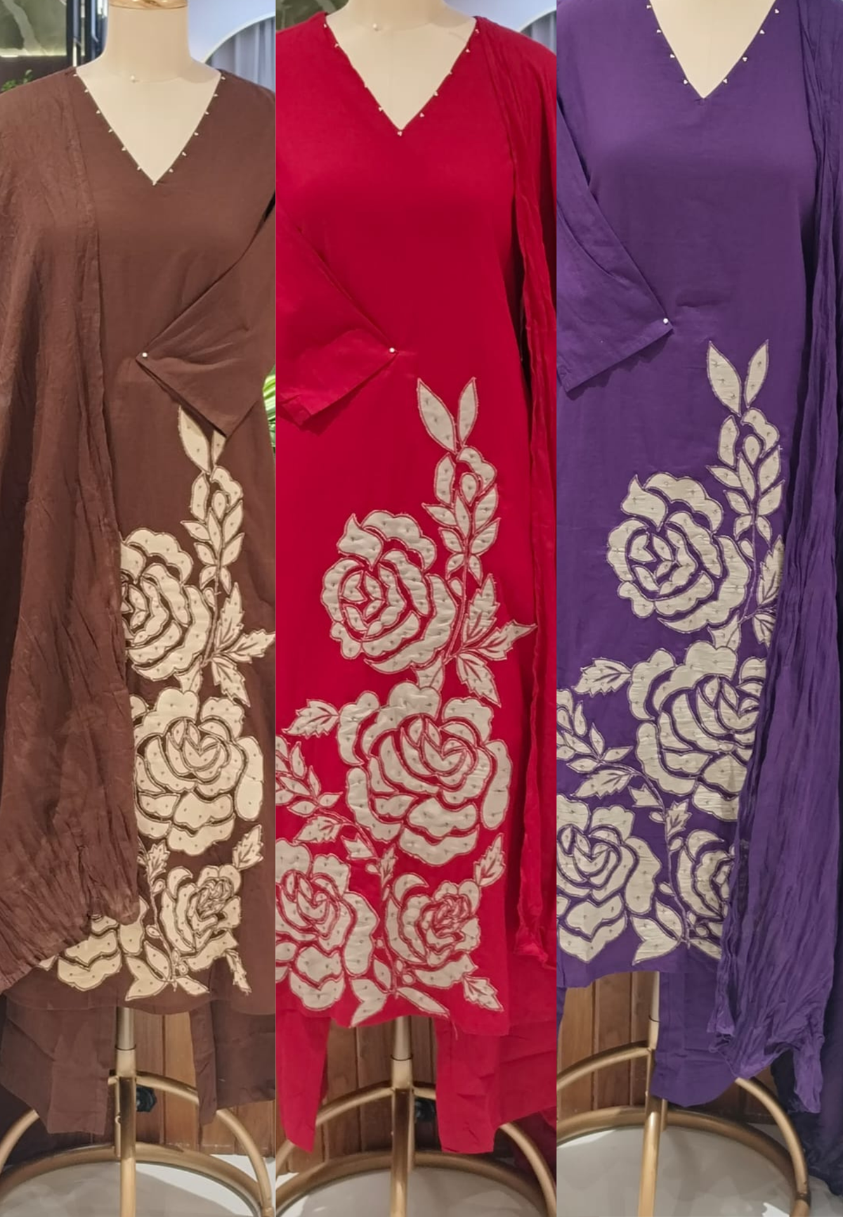 Rose Inspired Weavin Embroidery Solid Matching Cotton Straight Full Suit Set With Dupatta- 16122