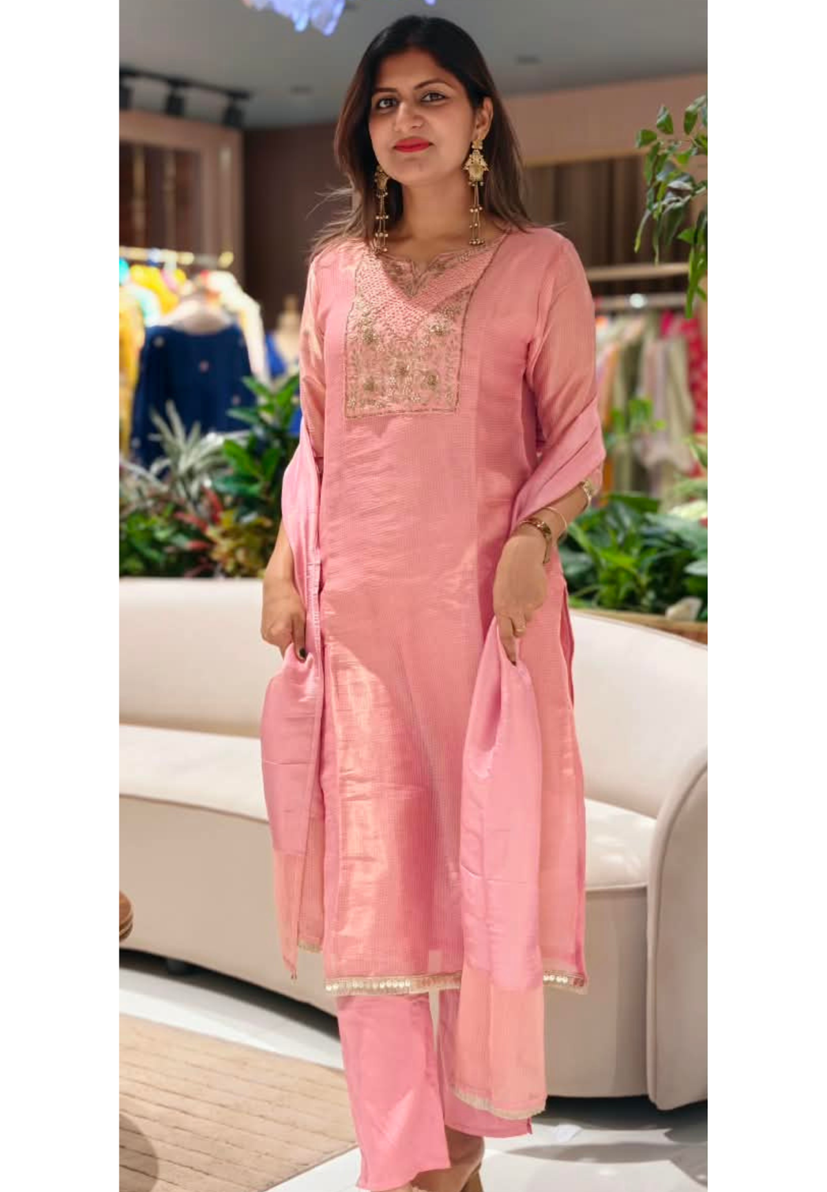 Blush Kota Tissue Checks Elegant Yoek Embroidery Staright Full Suit Set With Dupatta- 16244