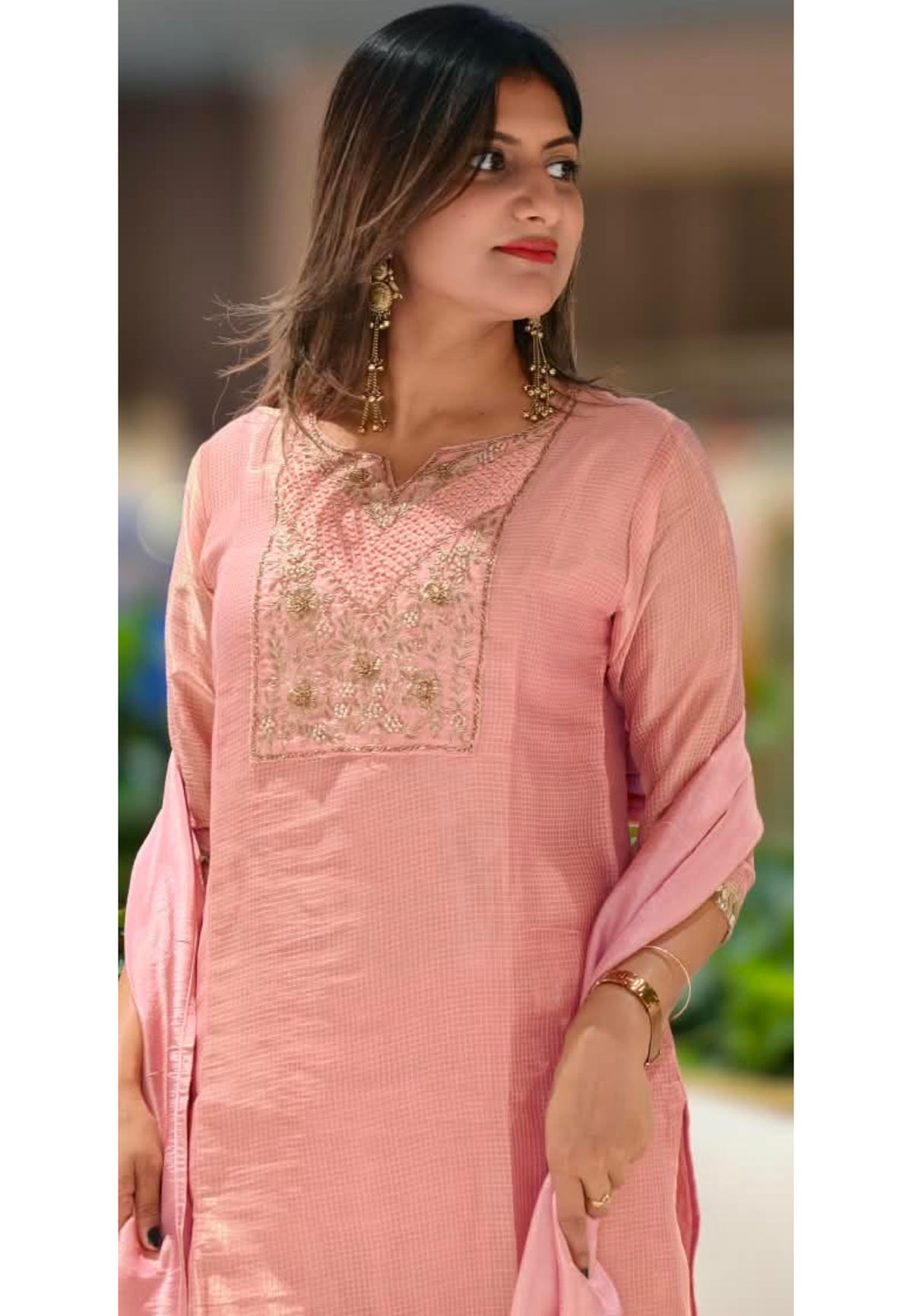 Blush Kota Tissue Checks Elegant Yoek Embroidery Staright Full Suit Set With Dupatta- 16244