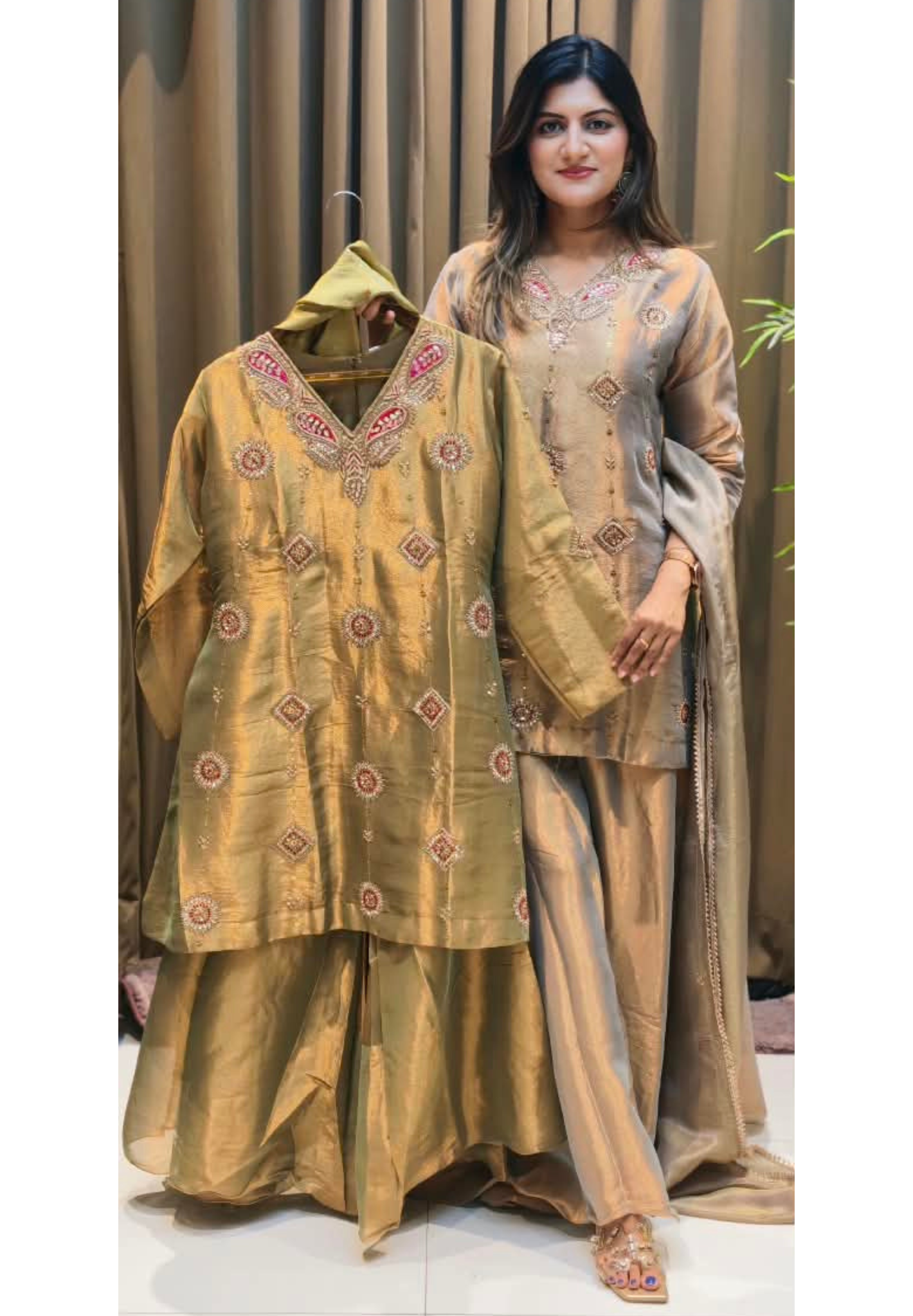 Antique Color Pallete Metallic Embroidery Short Length Kurti With Flared Palazzo Bottom & Matching Dupatta- 15864