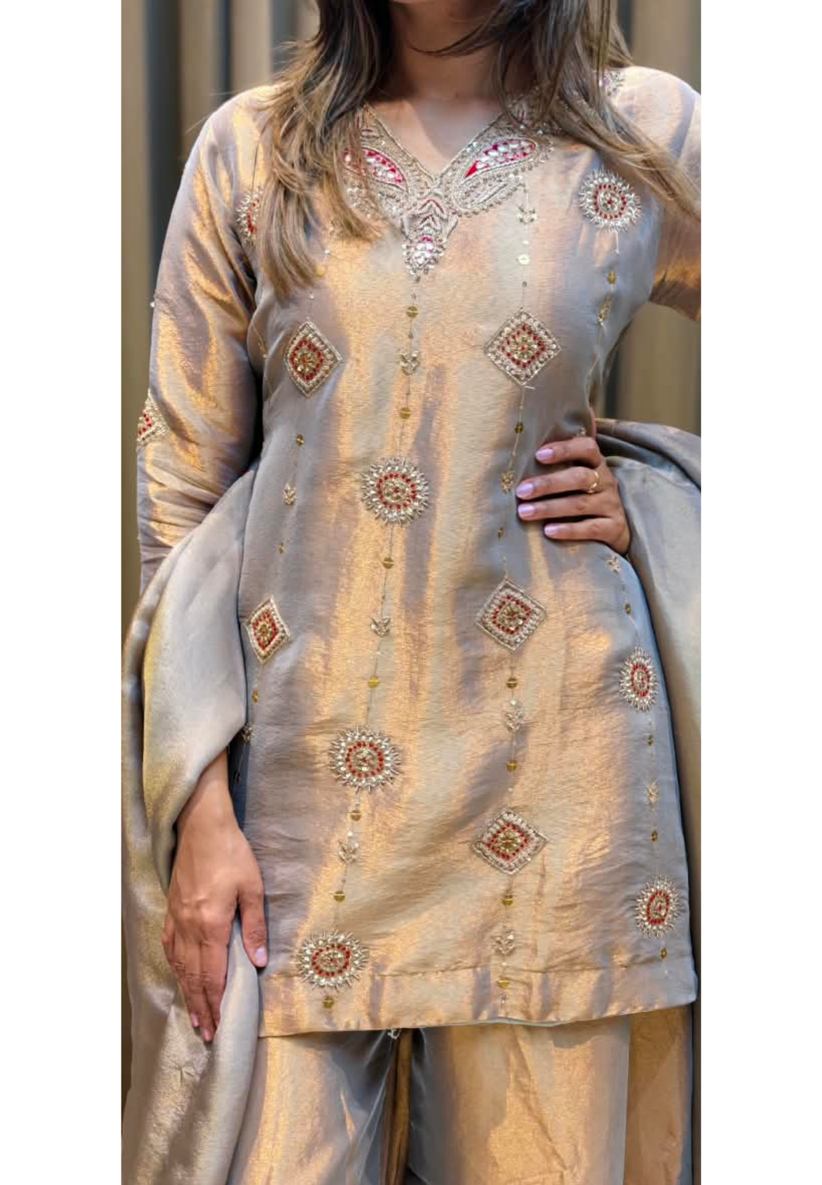 Antique Color Pallete Metallic Embroidery Short Length Kurti With Flared Palazzo Bottom & Matching Dupatta- 15864