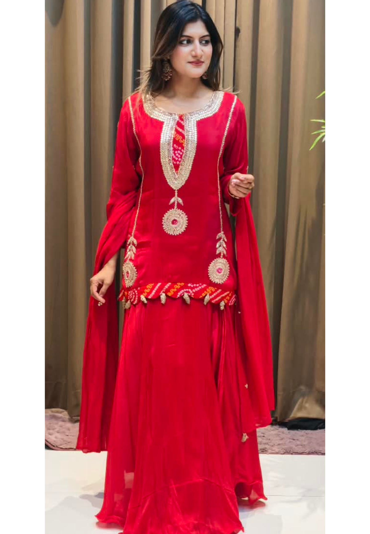 Bandhej Highlights Elegant Gotta Detailing Crepe Full Suit Set With Flared Skirt Bottom & Dupatta- 15852