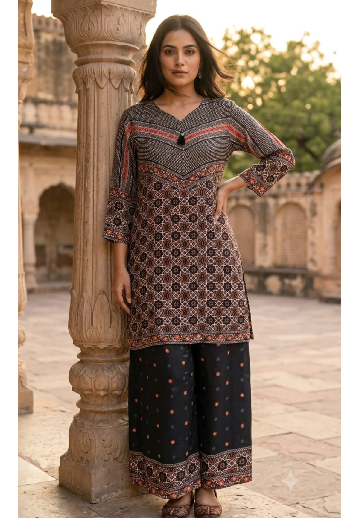 Black & Beige Monochrome Geometric Printed Kurta with V-Neck & Tassel Detail Co-Ord Set- 15239