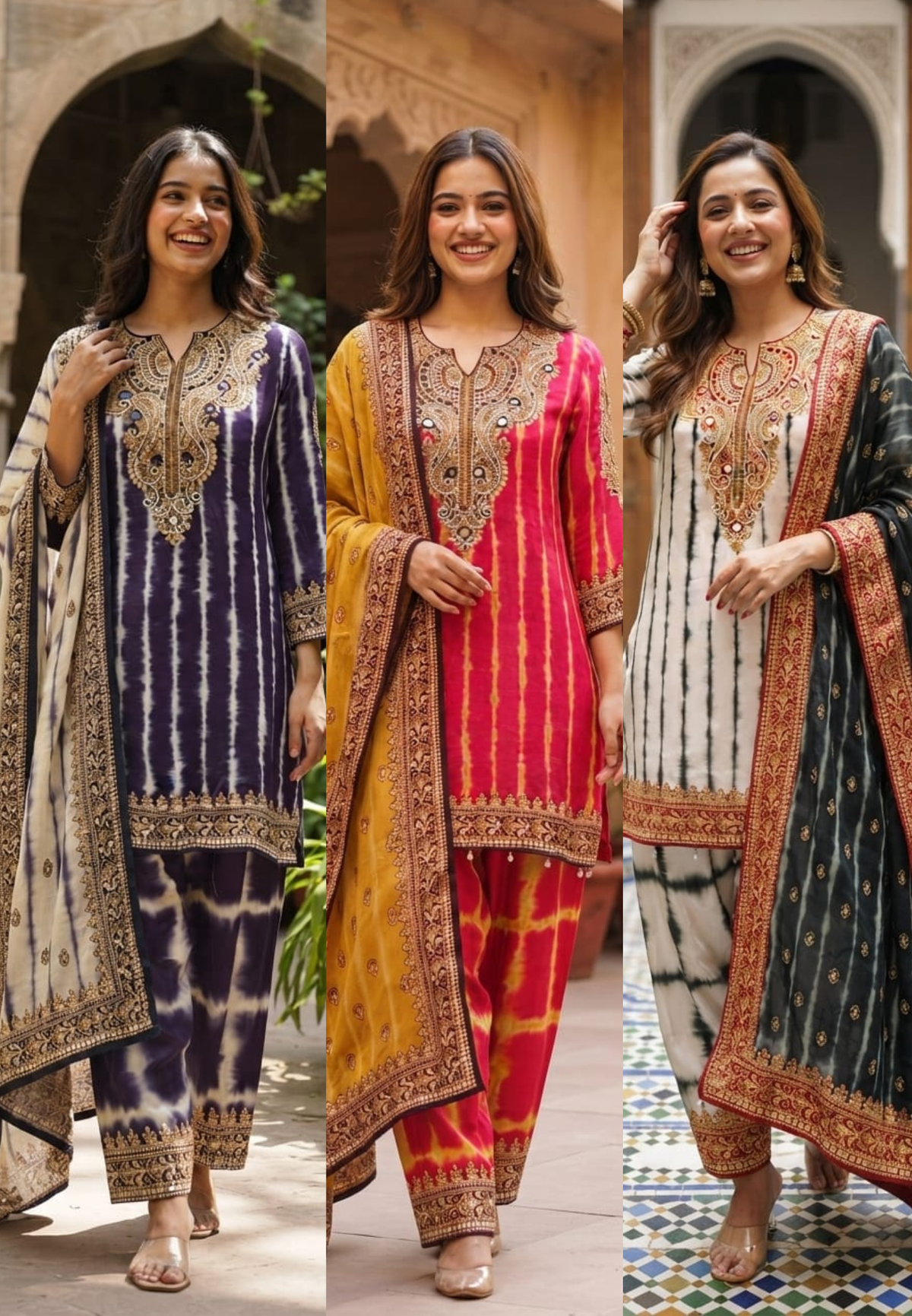 Jaipuri Inspired Pearl Real Mirror Embroidery Tassel Accent Crepe Kurta With Farsi Bottom & Dupatta- 15312