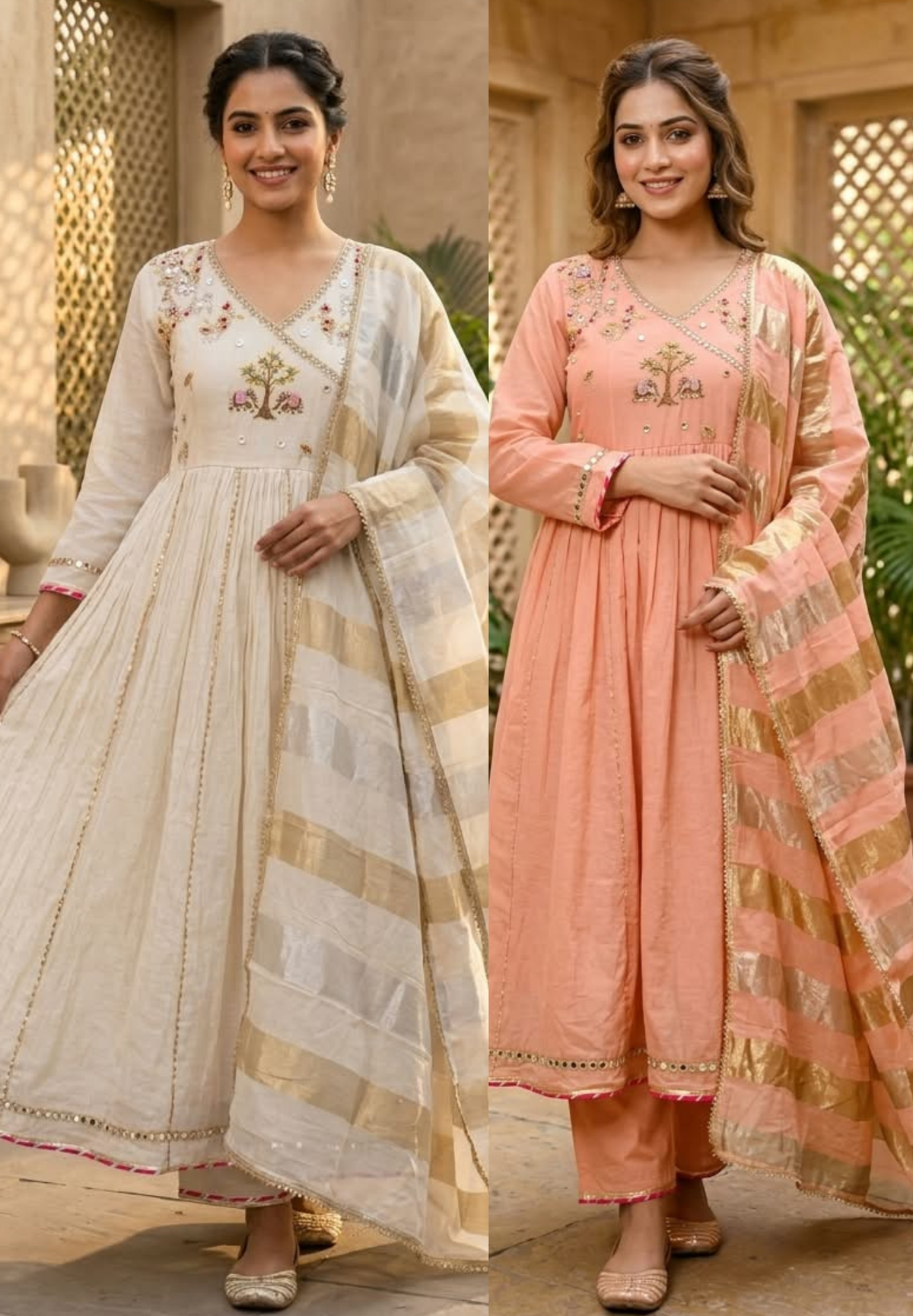Banarasi Mul-Chanderi Tree Of Life Angrakha Embroidered Joint Anarkali Full Suit Set With Dupatta-16282