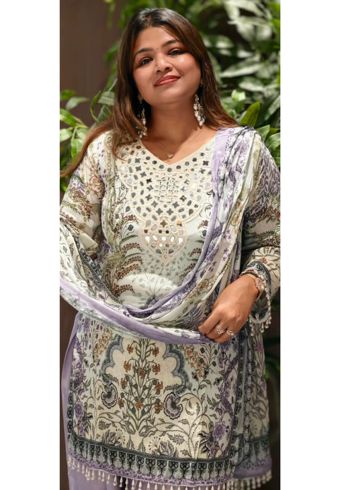 Real Mirror Elegance Flowy Crepe Digital Floral Prints Farshi Salwar Full Suit Set With Chiffon Dupatta- 16285
