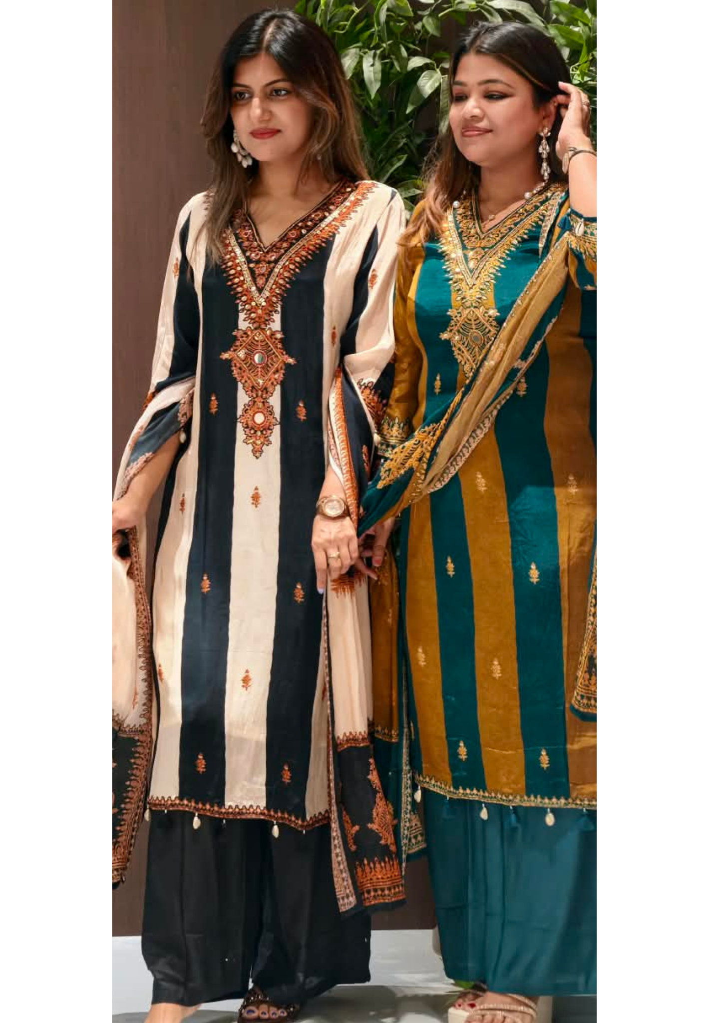 Pakistani Style Striped Elegance Dual Color Combination Crepe Full Suit Set With Dupatta- 16272