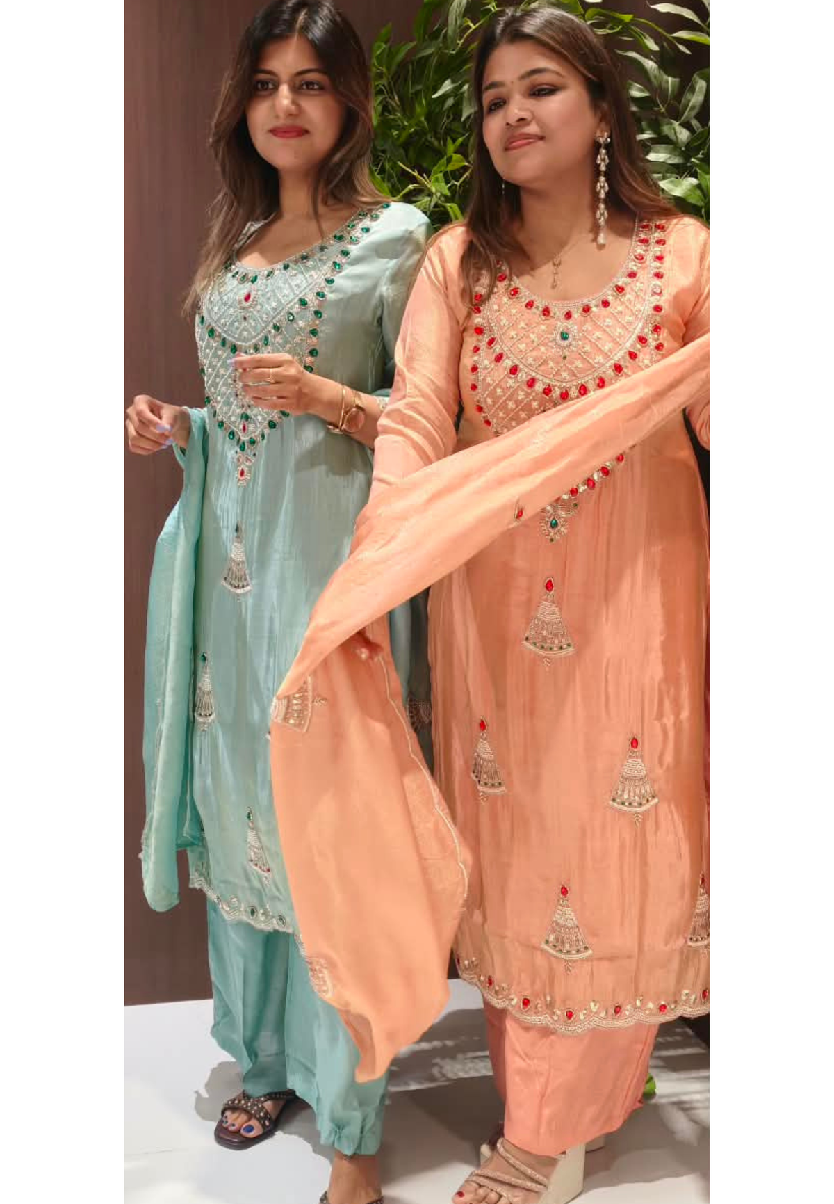 Red Gym Stone Jewel Elegance Elegant Handwork Tissue Full Suit Set With Loose Bottom & Dupatta- 16269