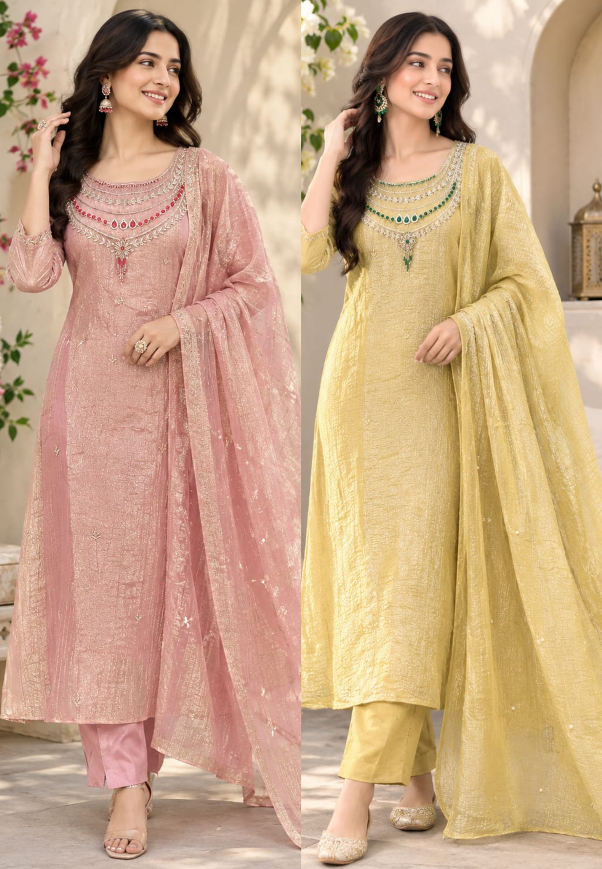 Elegant Jewel Rhinestone Heavily Beaded Embroidery Yoke Crush Tissue A-Line Full Suit Set With Dupatta- 16313