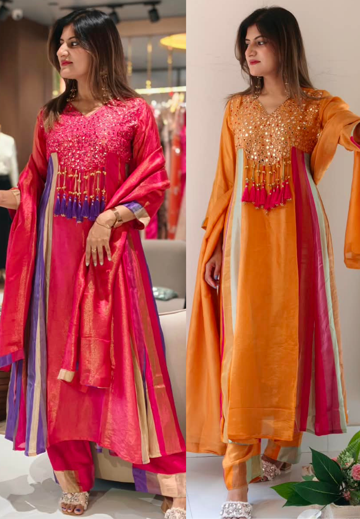 Orange Tissue Mirror Work Panel Anarkali Full Suit Set with Ghungroo Tassel Yoke Detailing & Striped Side Panels- 16231