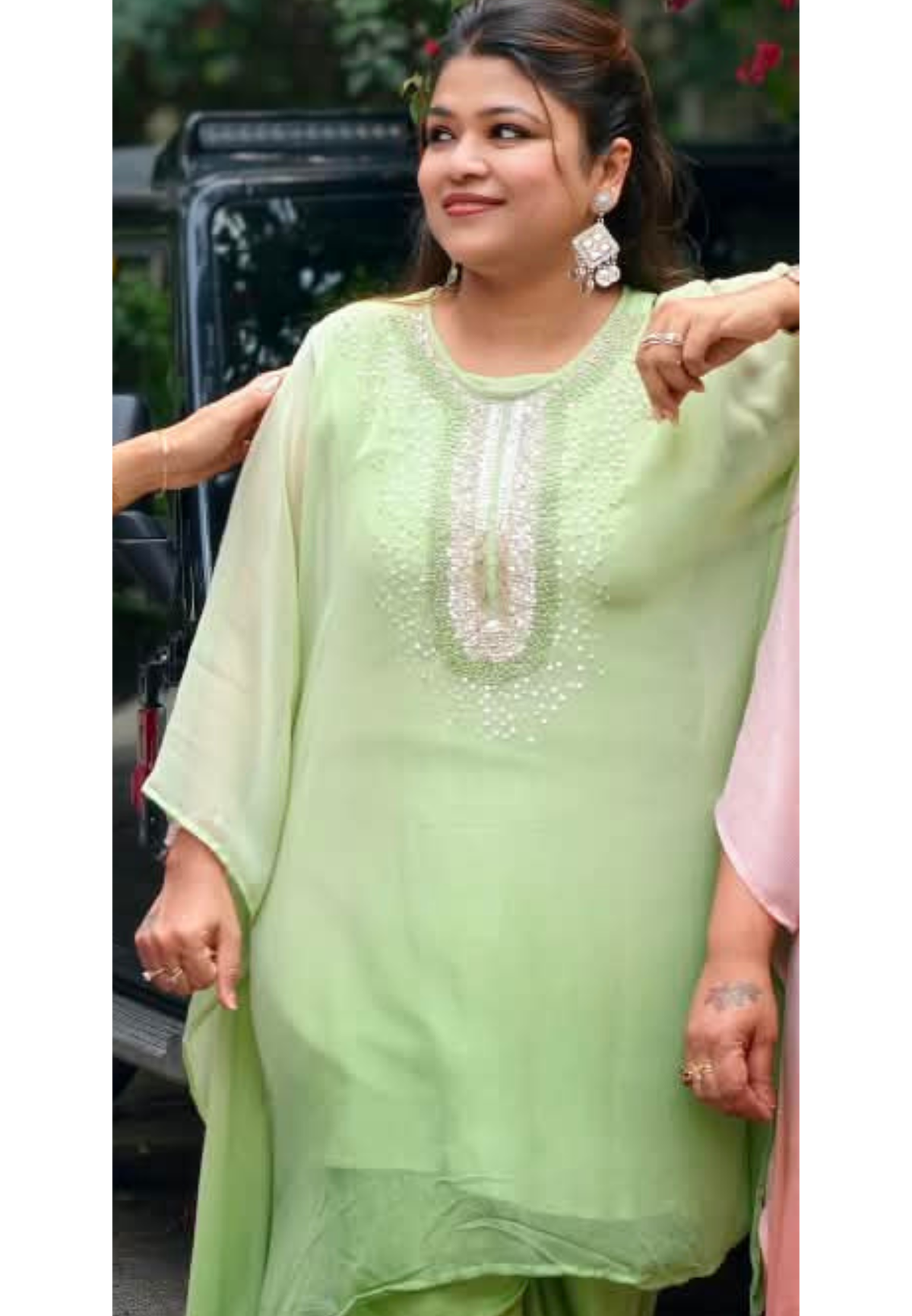 Elegant Cut-Dana Sequin Celestial Embroidery Yoke Soft Chiffon Kaftan With Inner & Bottom In Ombre Shade- 16334