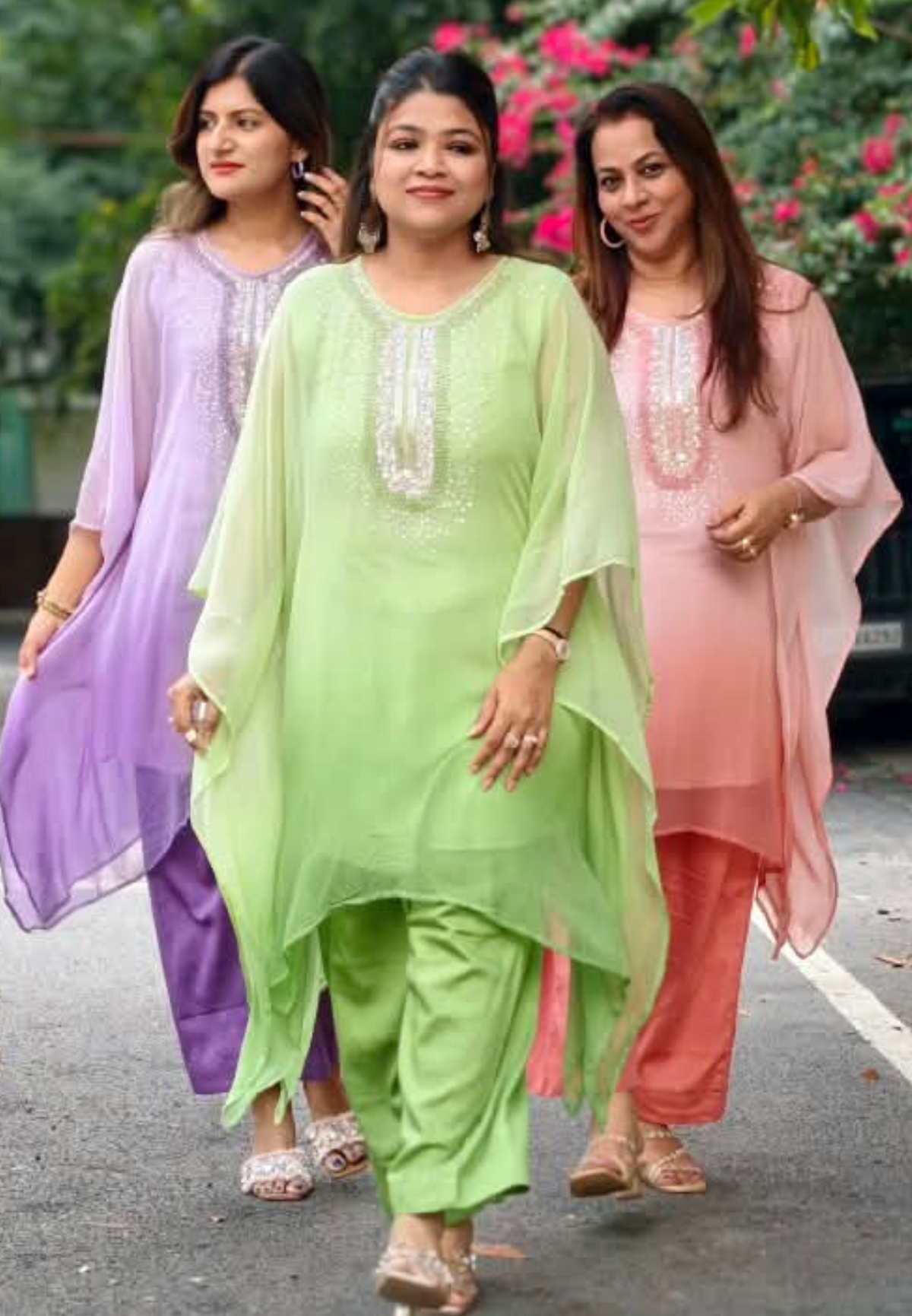 Elegant Cut-Dana Sequin Celestial Embroidery Yoke Soft Chiffon Kaftan With Inner & Bottom In Ombre Shade- 16334