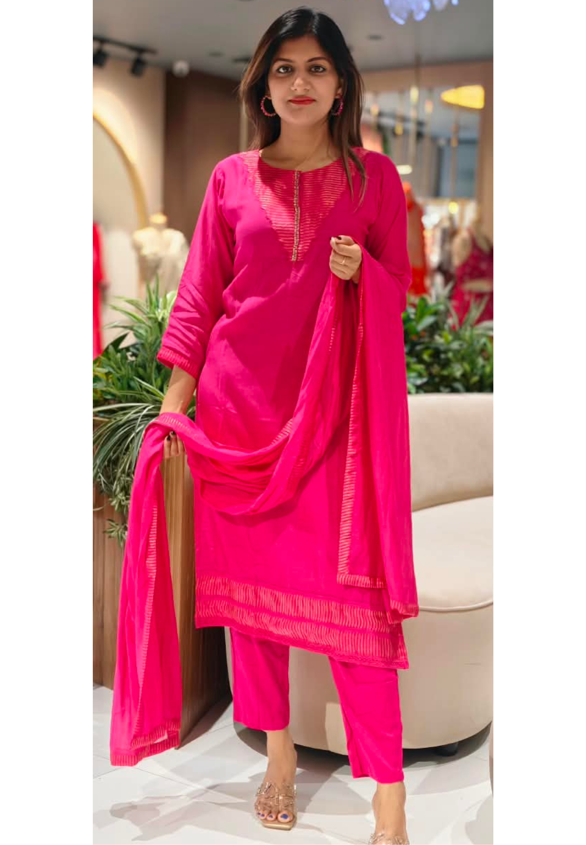 Rani Elegance Minimal Golden Stripes Sequin Neckline A-Line Full Suit Set With Dupatta- 16349(Lean Fit)