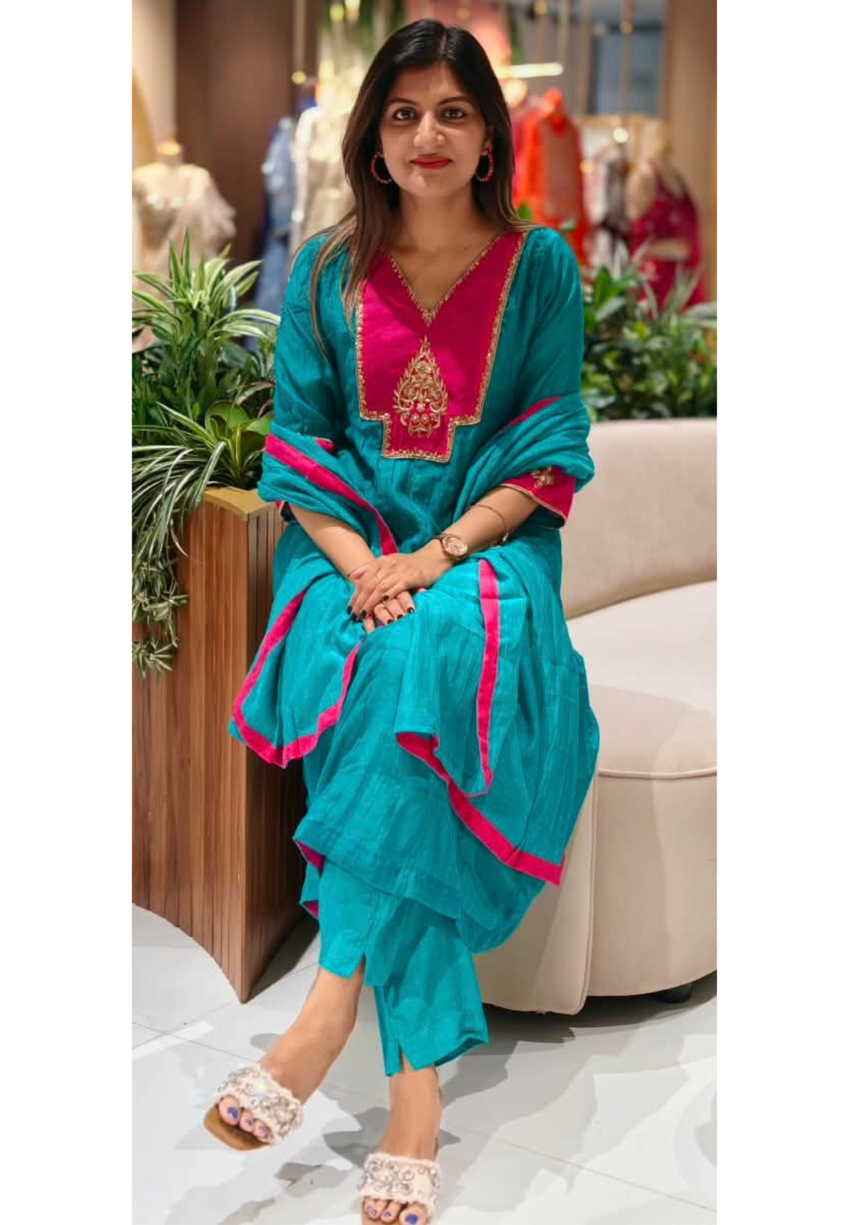 Vibrant Tone Contrasted Zardosi Work Anarkali Pure Banarsi Mul-Chanderi A-Line Full Suit Set With Dupatta- 16356