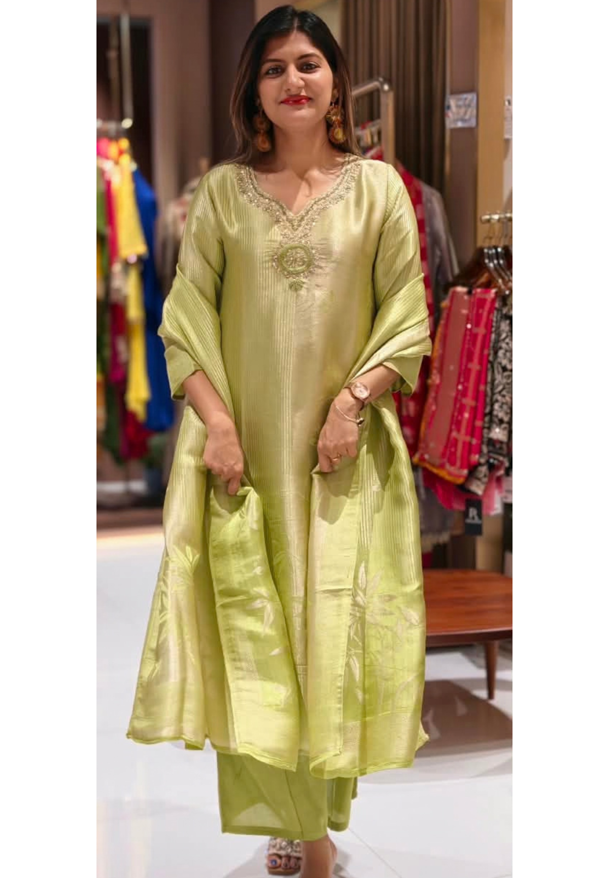 Graceful Green Minimal Neckline A-Line Kanchipuram Silk Straight Full Suit Set With Floral Embossed Dupatta- 16351
