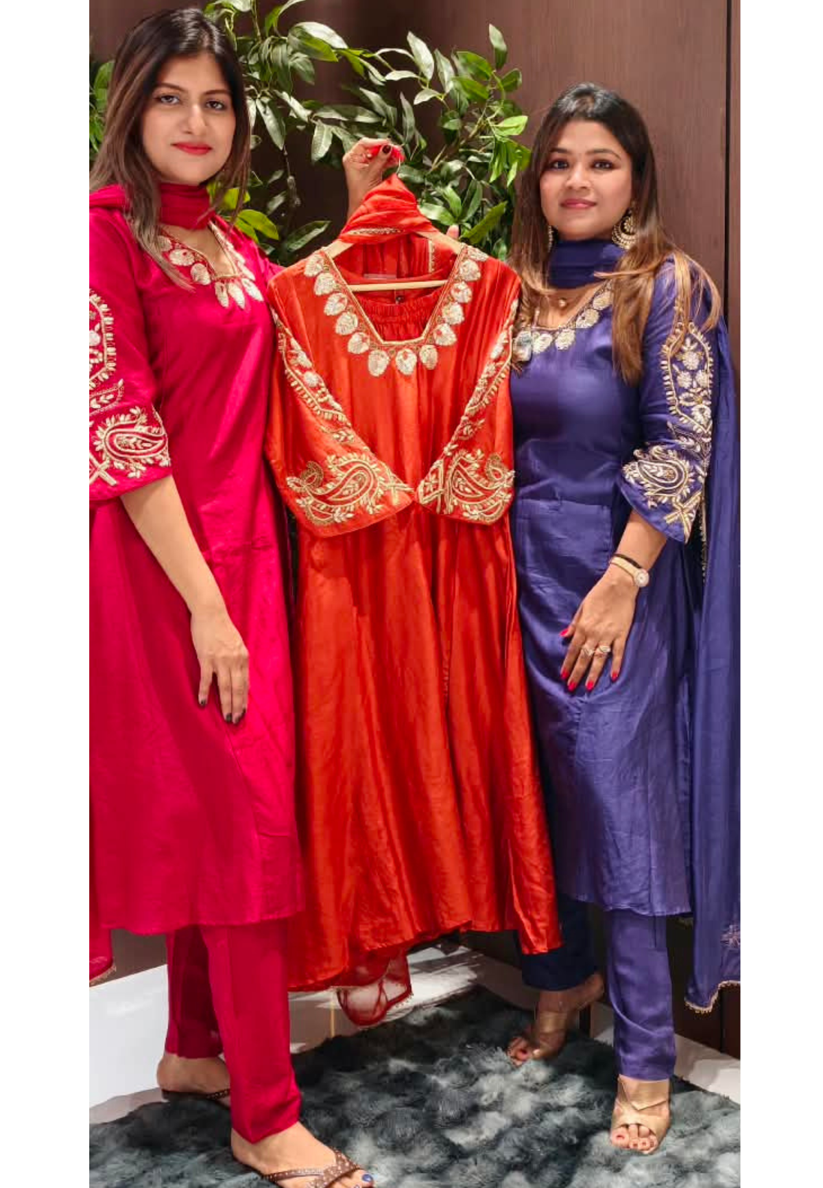 Pure Chanderi Shiny Heavy Sequin With Zari Embroidery Work Solid Matching A-Line Full Suit Set With Dupatta- 16373