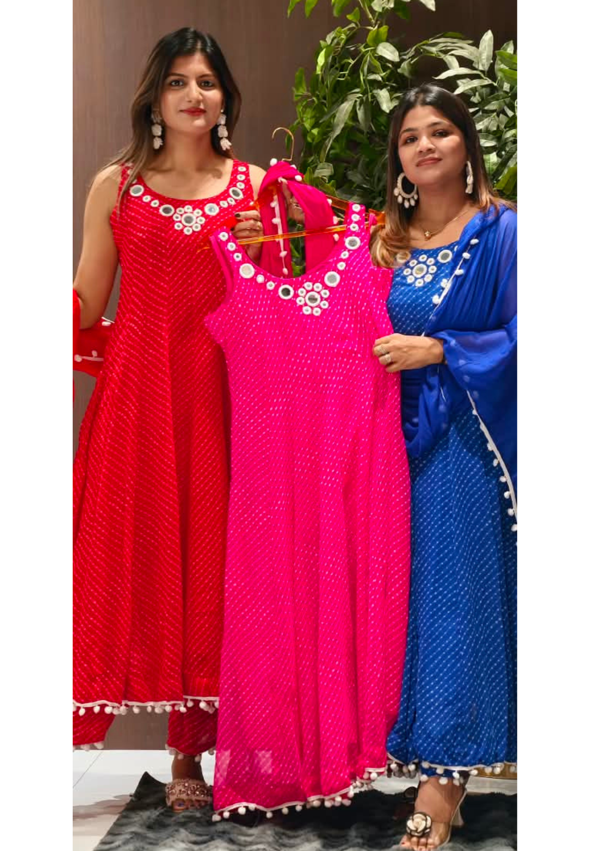 Real Mirror Rounded Neckline Leheriya Print Semi Georgette Panel Anarkali Full Suit Set With Pom-Pom Dupatta- 16377