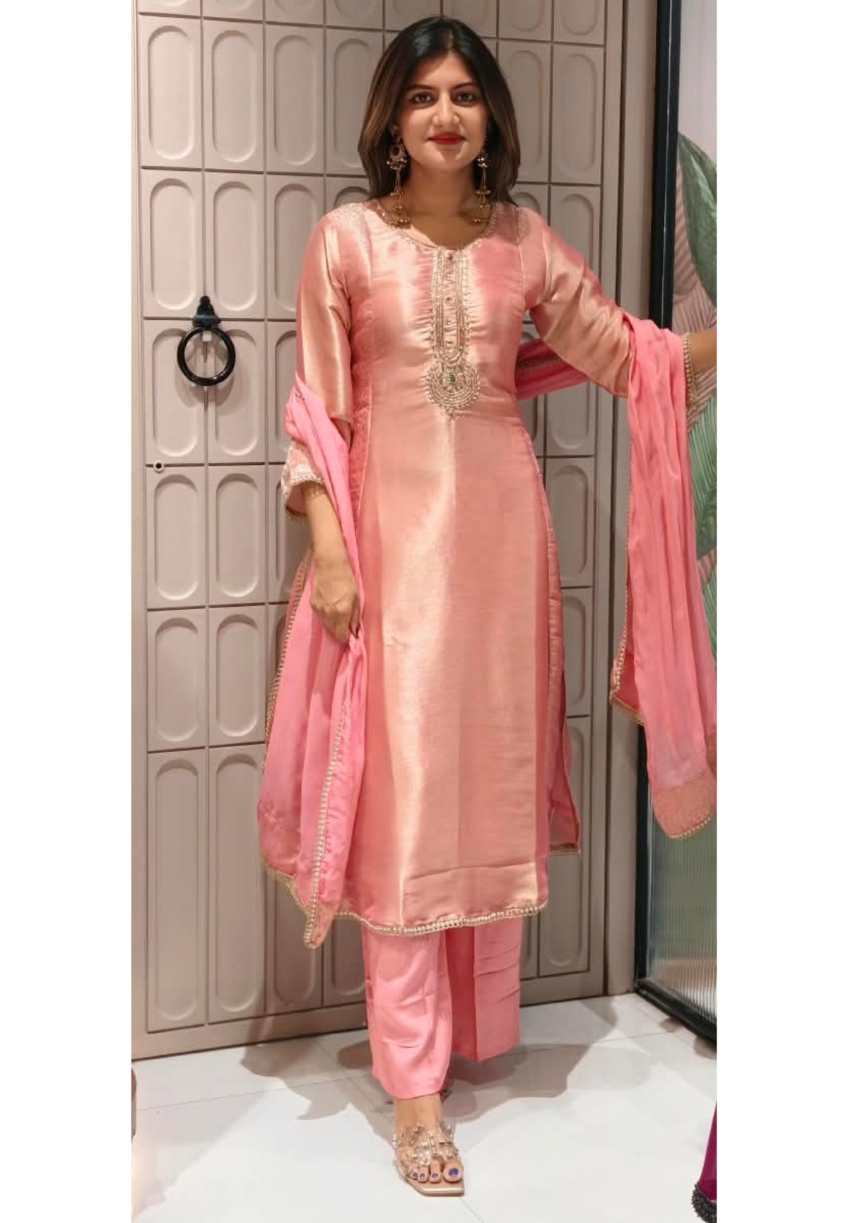 Pure Kundan Look Front Work Blush Pink A-Line Kanchipuram Silk Full Suit Set With Dupatta- 16382