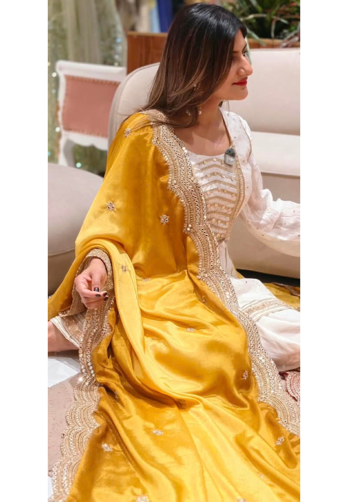 Mustard Elegance Glazy Dupatta with Cutwork & Hand Embroidery- 16395