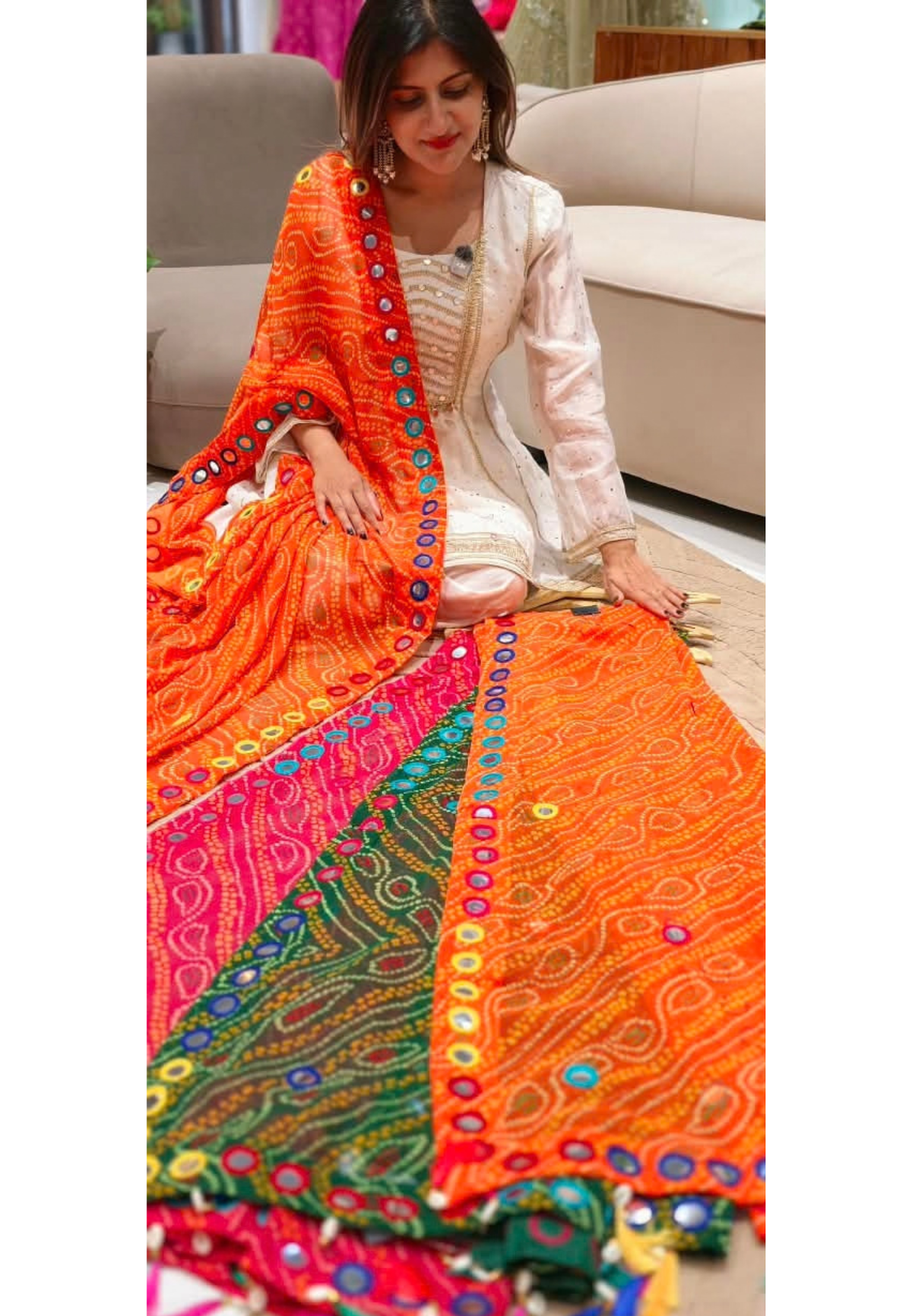 Bright Bandhani Printed Dupatta with Mirror Work & Colorful Tassels- 16396