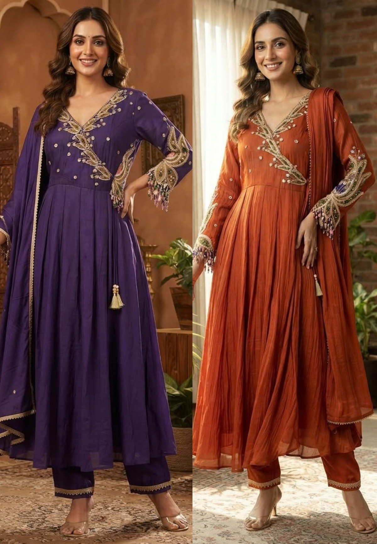 Subtle Beads & Booti Motifs Angrakha Mul-Chanderi Anarkali Full Suit Set With Dupatta With Heavy Crystal Dangles- 16434