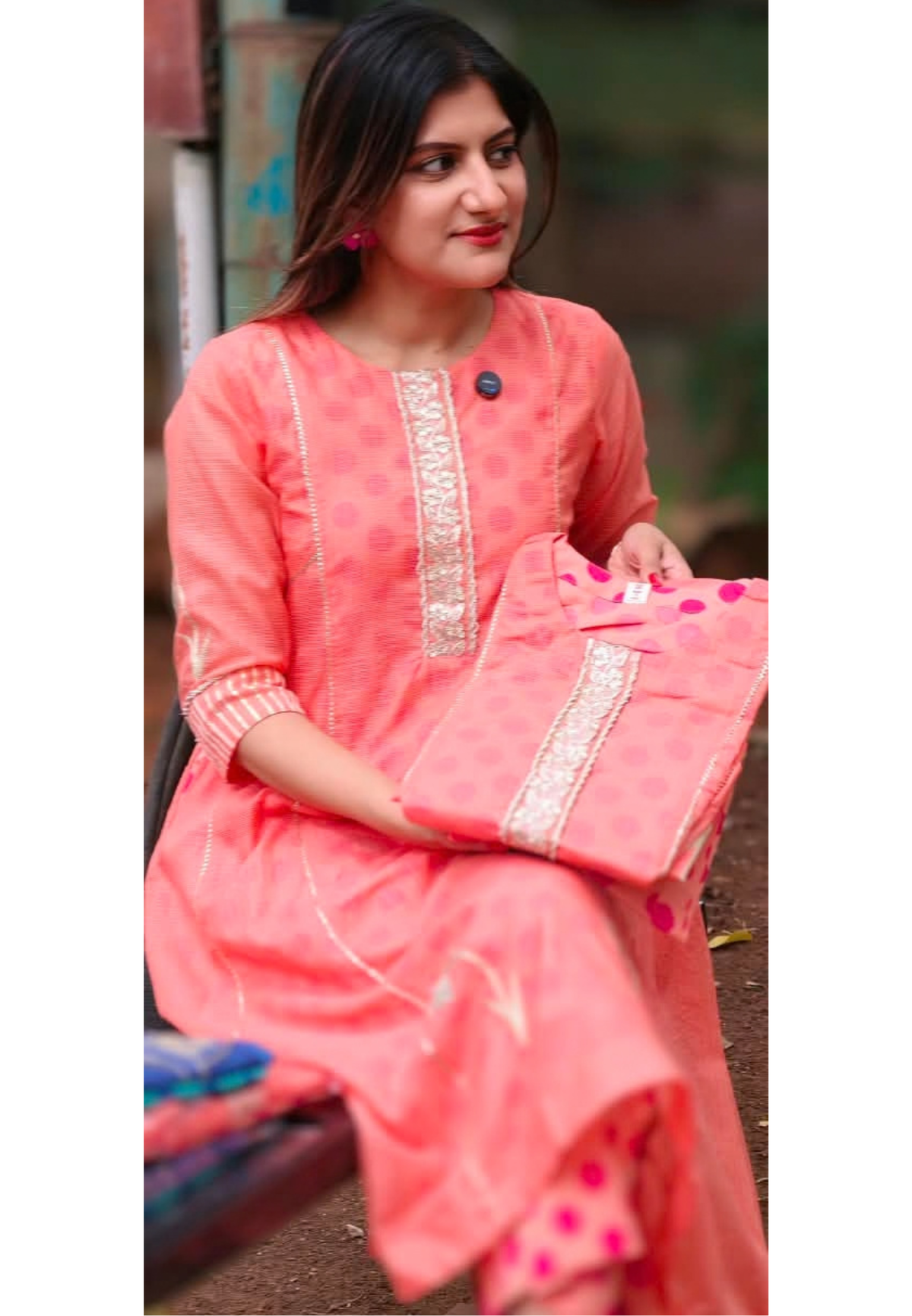 Graceful Peach Golden Zarina Embroidered Detailing Kota Doria A-Line Kurta Pant Set- 16404