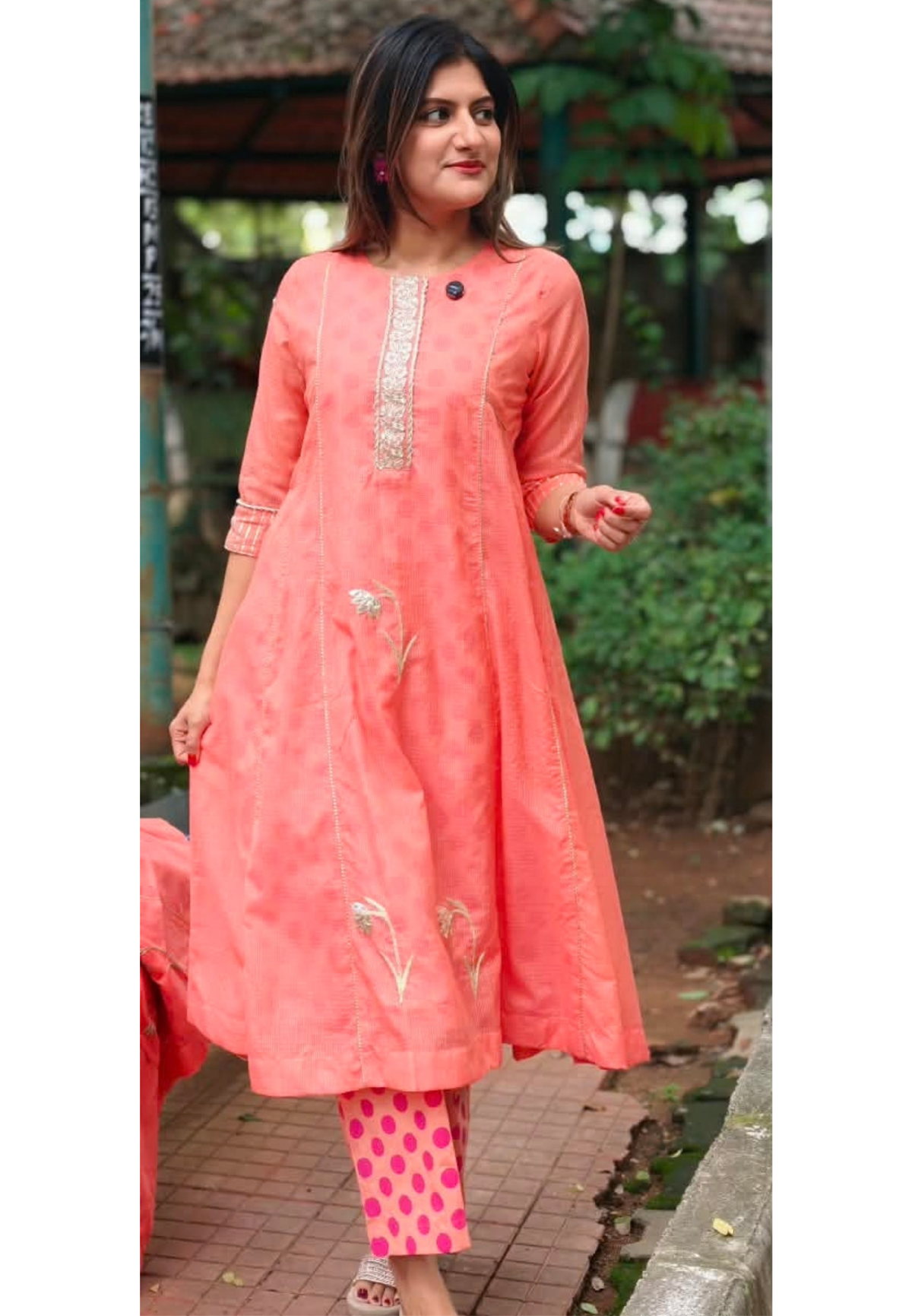 Graceful Peach Golden Zarina Embroidered Detailing Kota Doria A-Line Kurta Pant Set- 16404