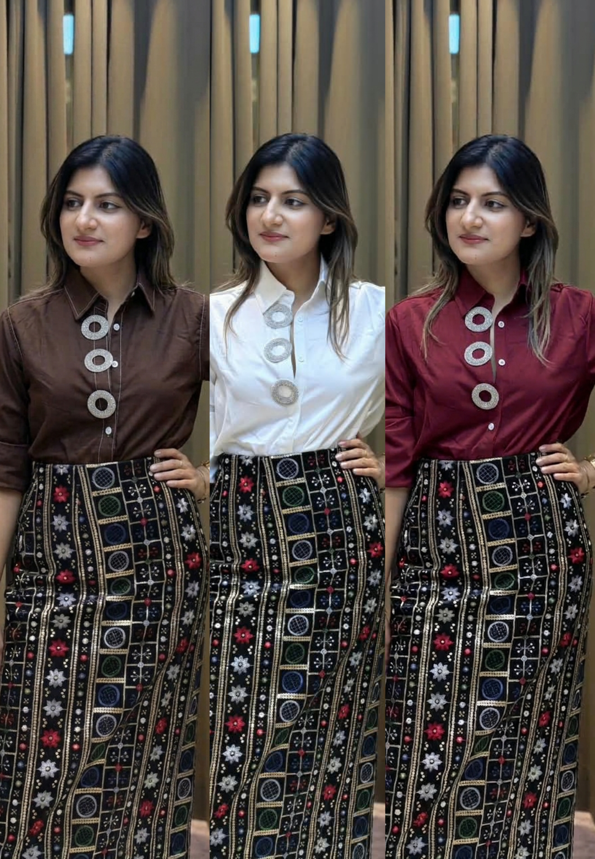 Collared Long Sleeve Button-Up Shirt with Embellished Ring Button Placket- 16182