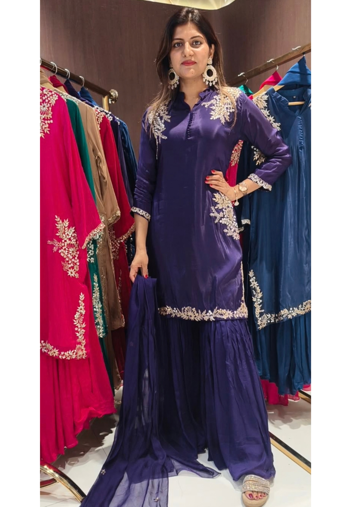 Butter Shine Crepe Delicate Embroidery Solid Shade Crepe Full Suit Set With Sharara Bottom & Dupatta- 16488