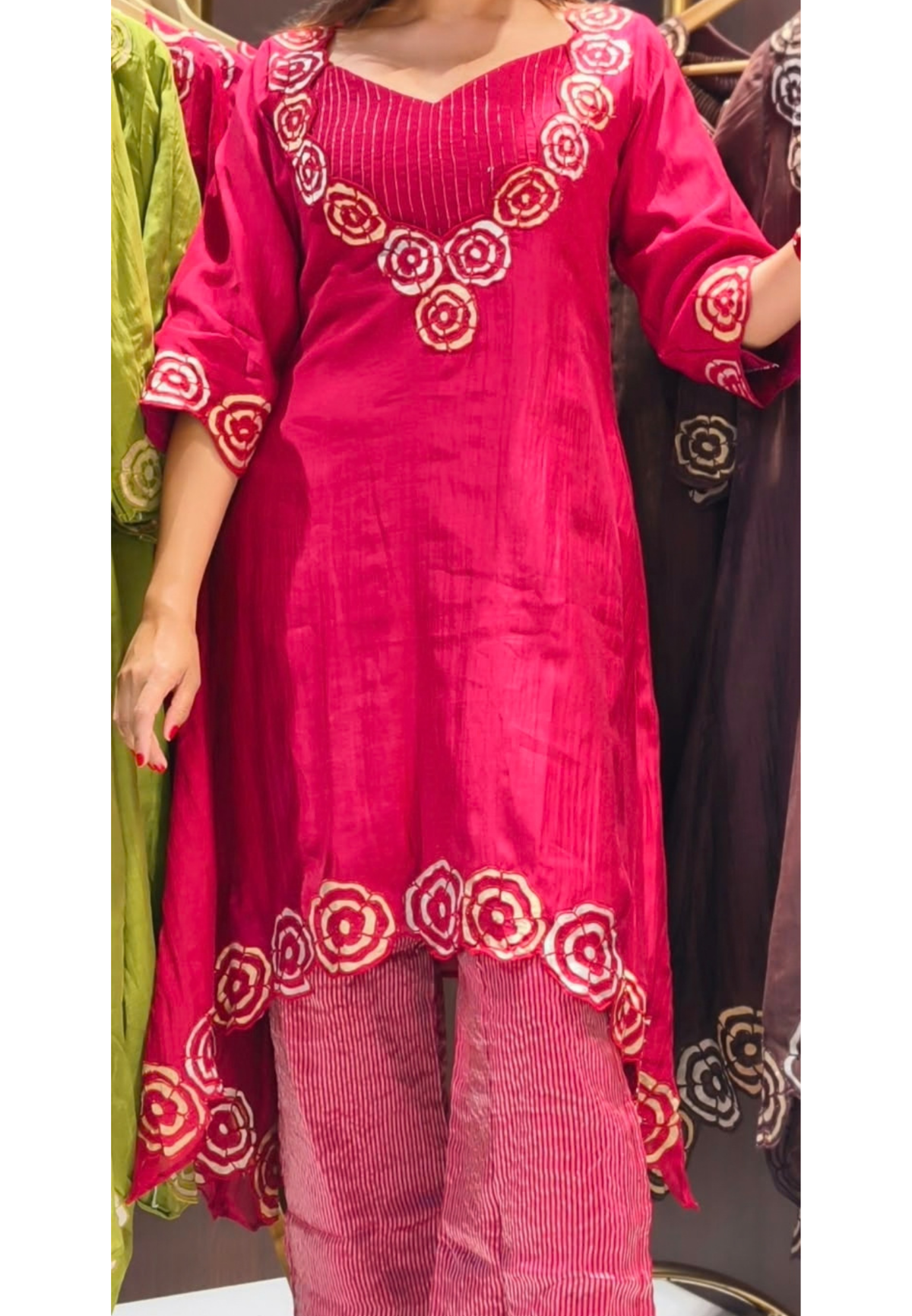 Embroidered Floral Cut-Work Outline Matching Mul-Chander A-Line Kurta With Bustier & Striped Tissue Bottom- 16460