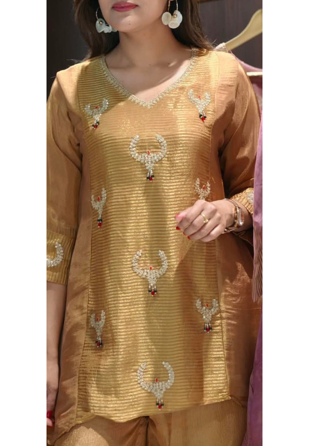 Butter Shine Tissue Elegance Kundan Look Embroidered Side Panels Kurta With Loose Palazzo Bottom Set- 16459