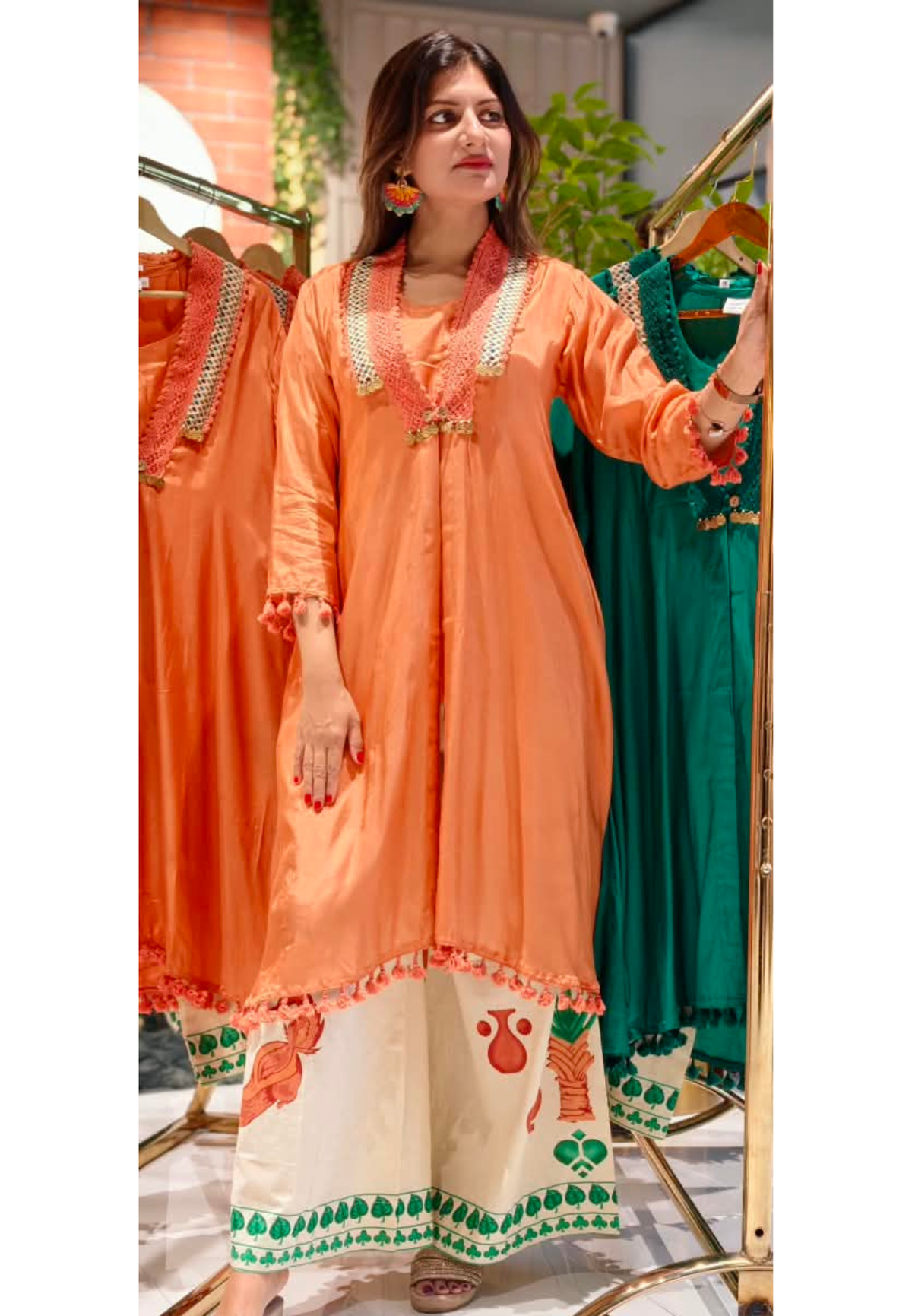 Boho Crosia Coin Dangle Accented Kurta With Printed Bottom & Matching Outer Jacket- 16438