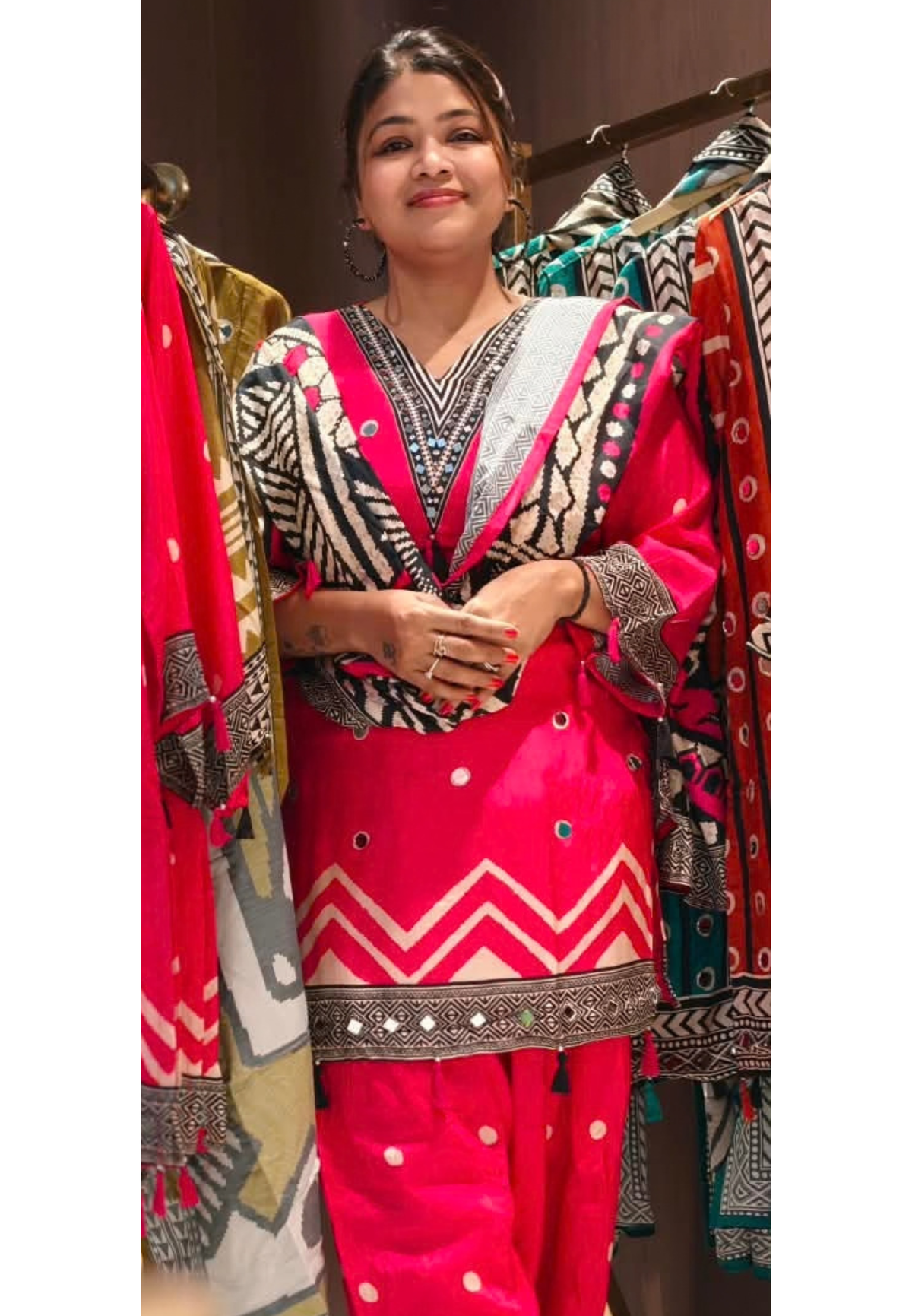 Geometric Real Mirror Touch Abstract Print Muslin Full Suit Set With Dupatta & Farshi Salwar- 16456 Lean Fit