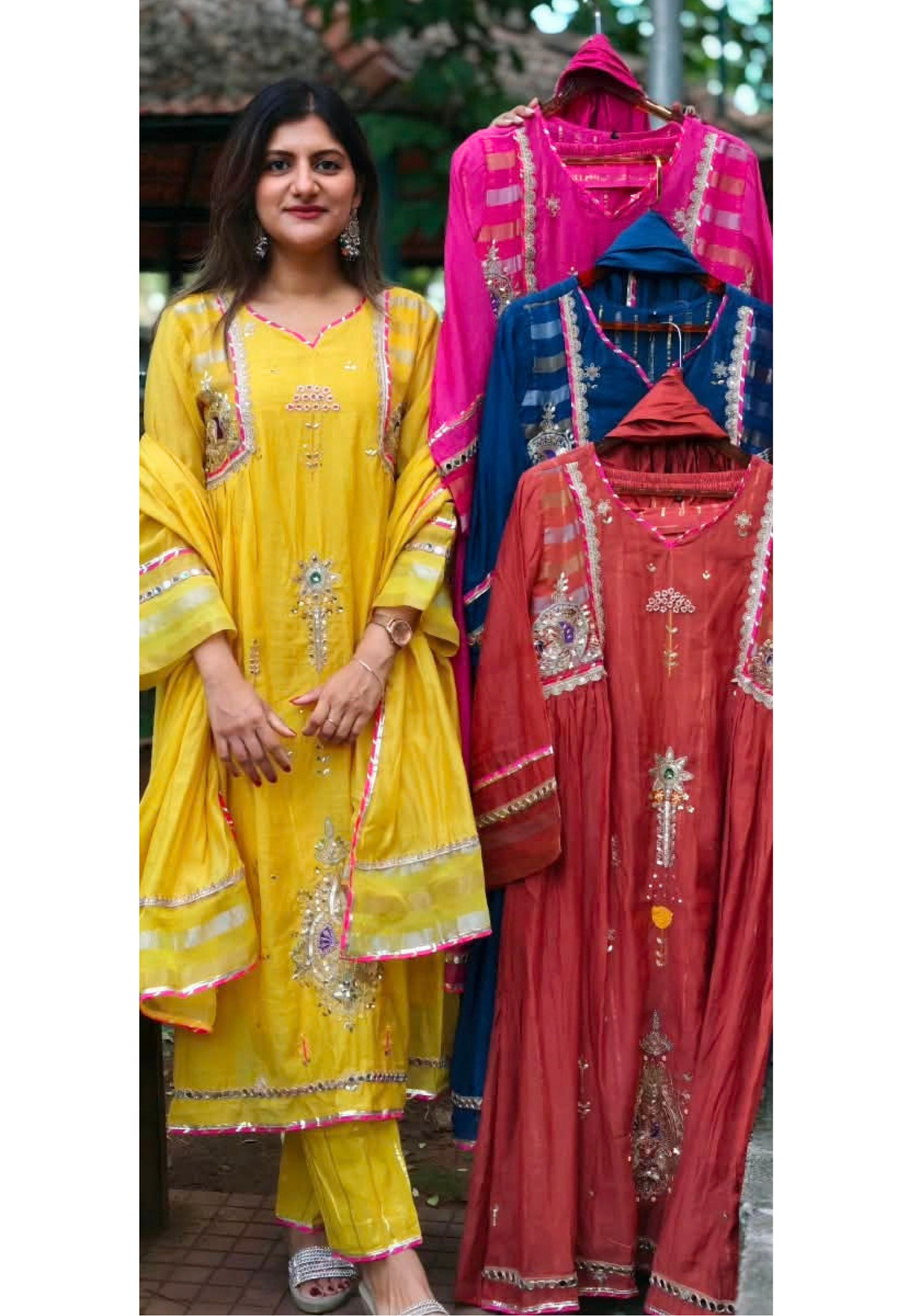 Real Mirror Heavy Embellished Work Beautiful Shades A-Line Mul-Chanderi Full Suit With Dupatta- 16485