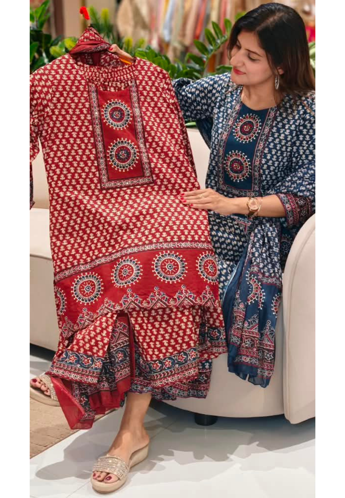 Tiny Floral Blocks Print Pure Cotton Full Suit Set With Panel Flared Palazzo Bottom & Matching Dupatta- 15931