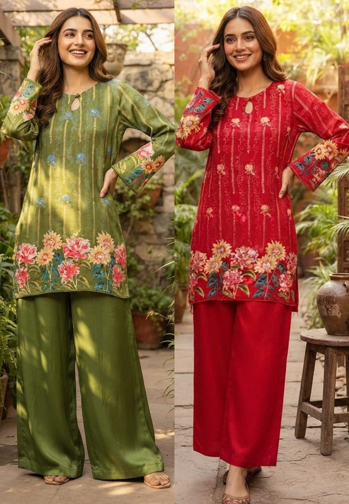 Bright Floral Embellished Kurta Set with Keyhole Neckline & Matching Wide-Leg Pants Co- 15858Ord Set-
