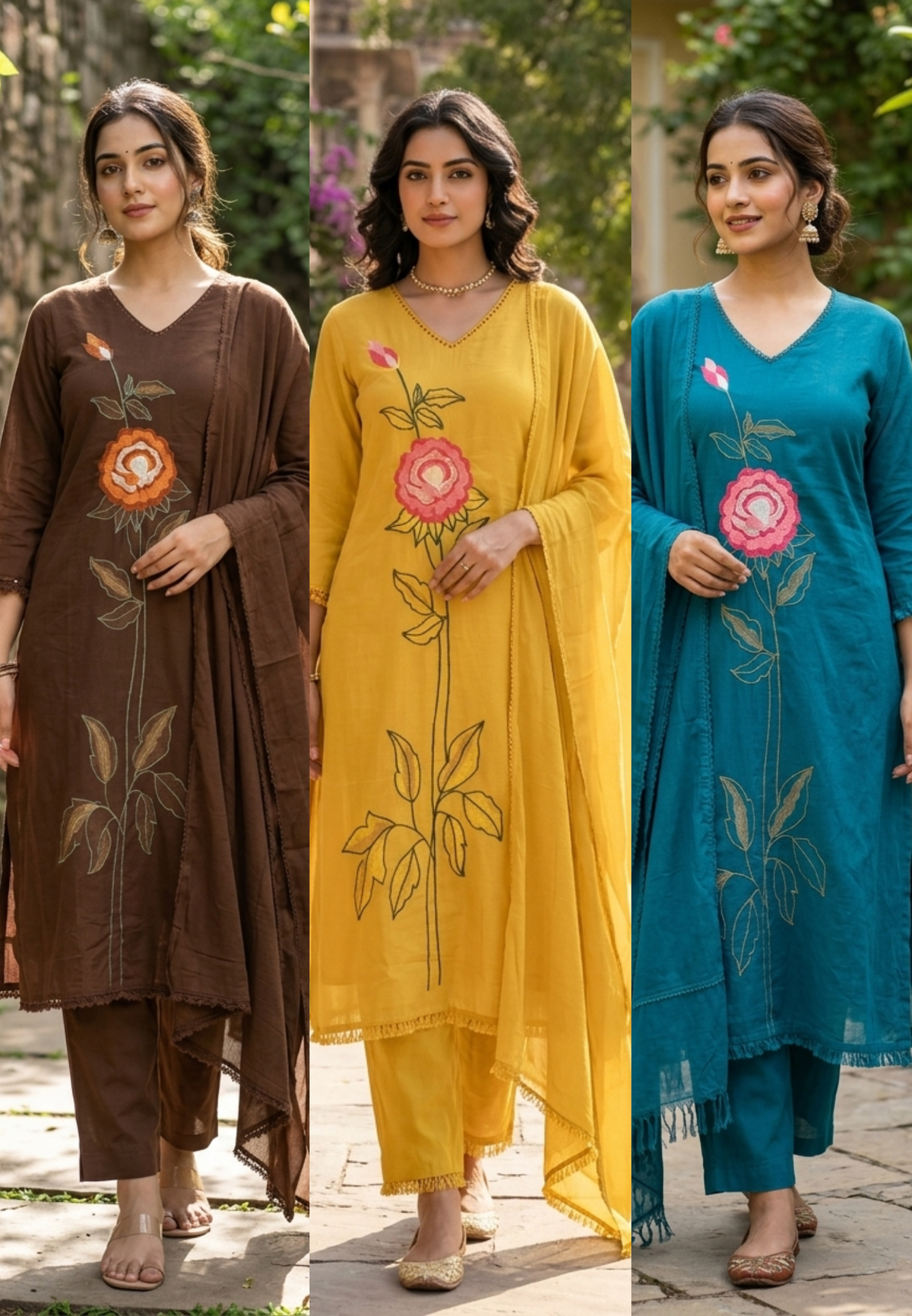 Bright Tone Rosy Vine Embroidered Minimal Lace Accent Cotton Full Suit Set With Dupatta- 16521