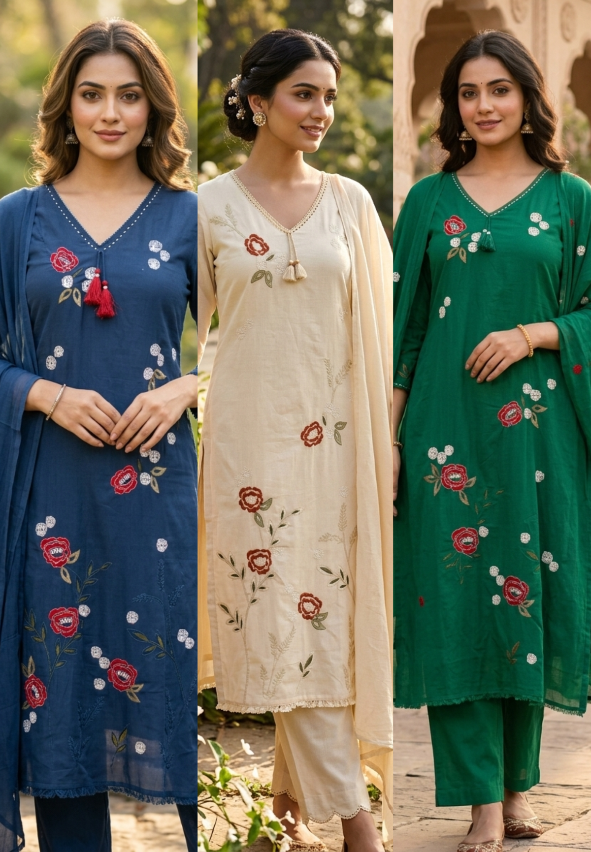 Floral Embroidery Side Slitted V-Neck Full Suit Set with Tassel Detailing & Matching Dupatta- 16522