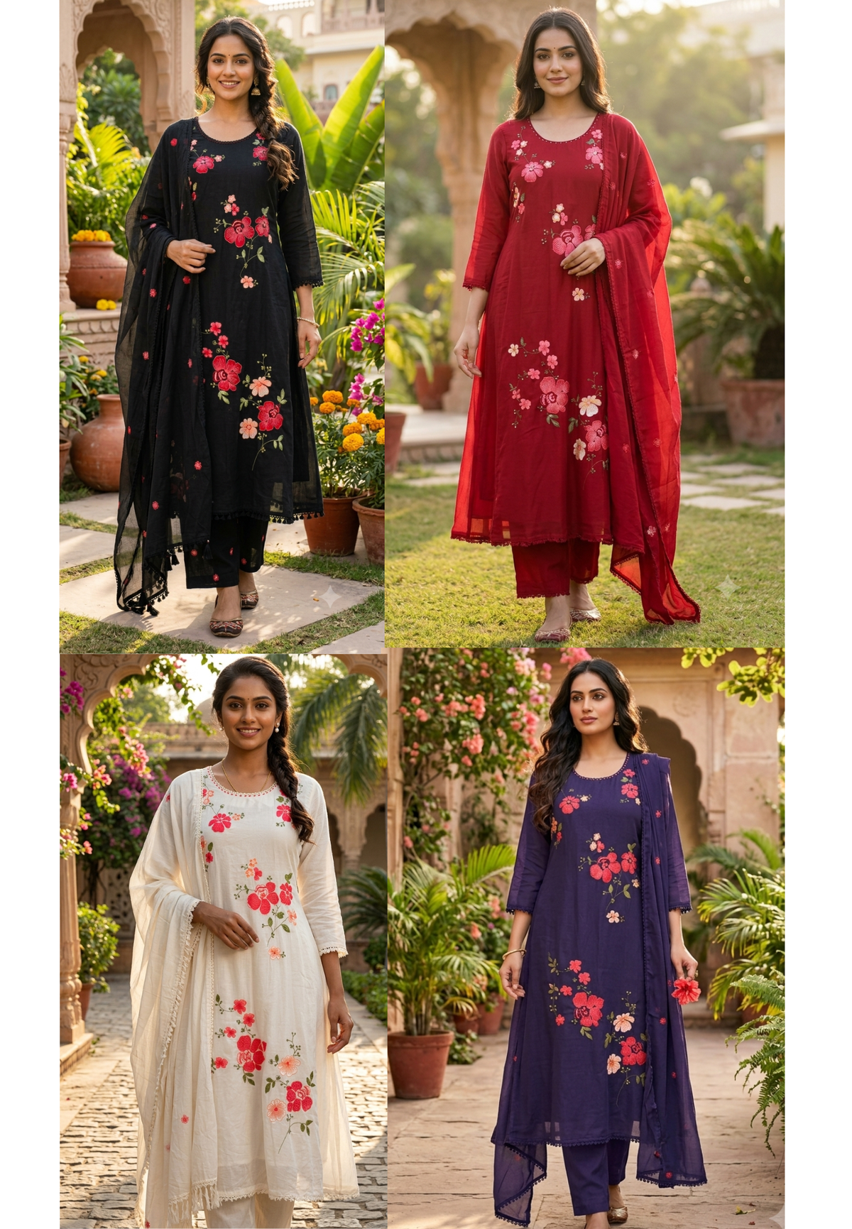 Pure Cotton Intricate Floral Embroidery Solid Shade A-Line Full Suit Set With Dupatta- 16519