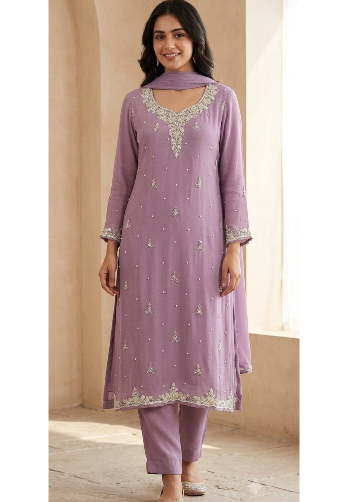 Cut-Dana Embellished Handcrafted Elegant Chinon A-Line Full Suit Set With Dupatta- 16524